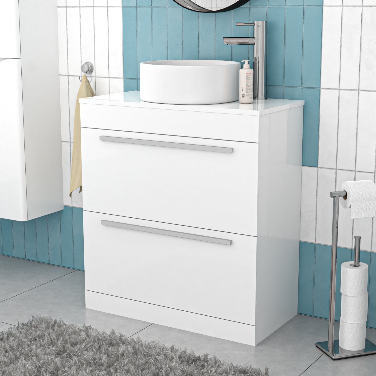 Nanuya White 800mm Vanity Cabinet & Round Counter Top Basin Sink Unit