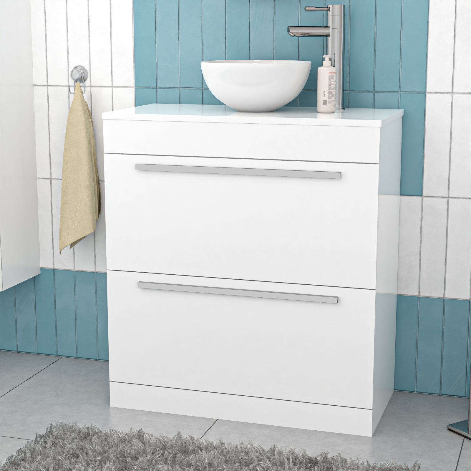 Nanuya White 800mm Vanity Cabinet & Modern Round Counter Top Basin Sink Unit