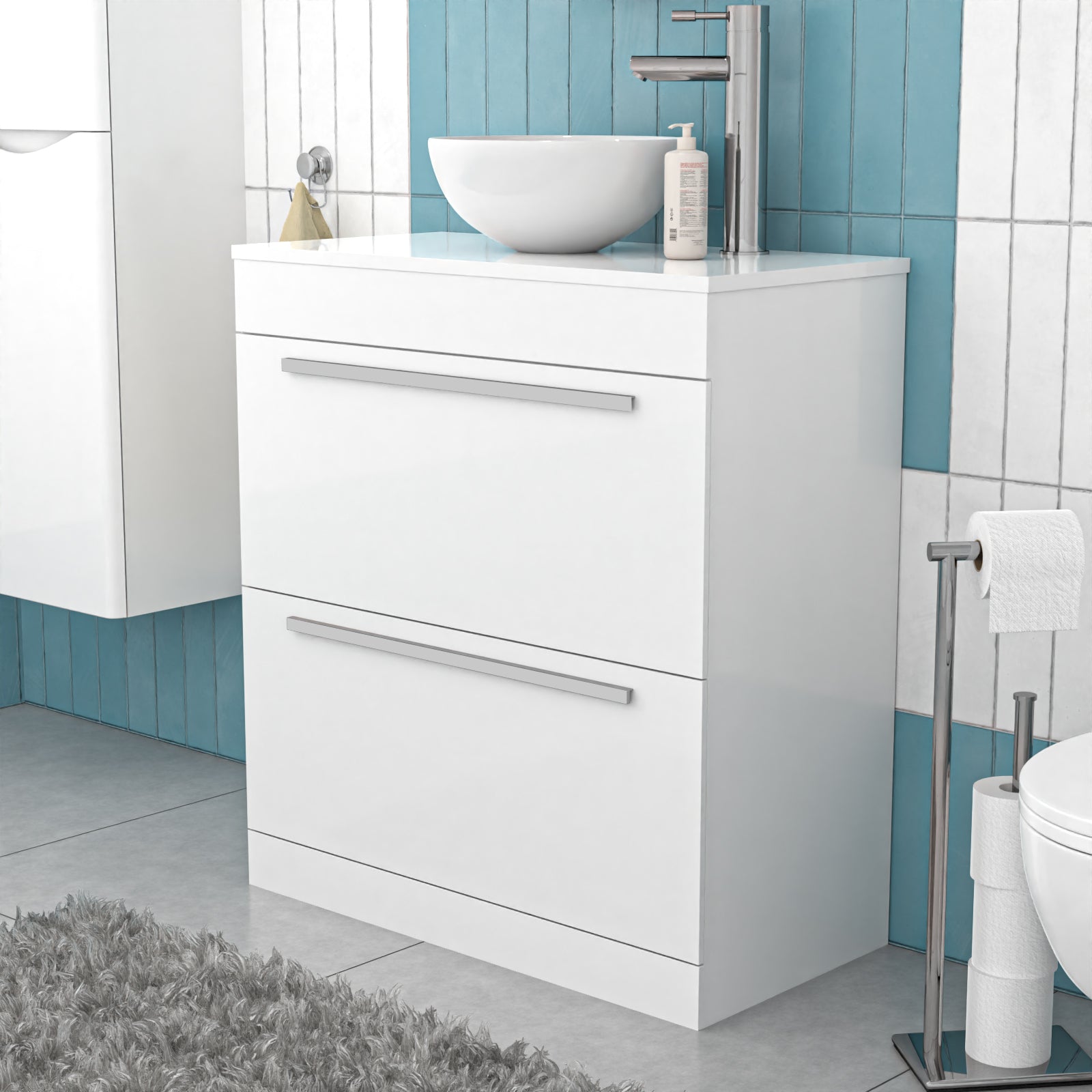 Nanuya White 800mm Vanity Cabinet & Modern Round Counter Top Basin Sink Unit