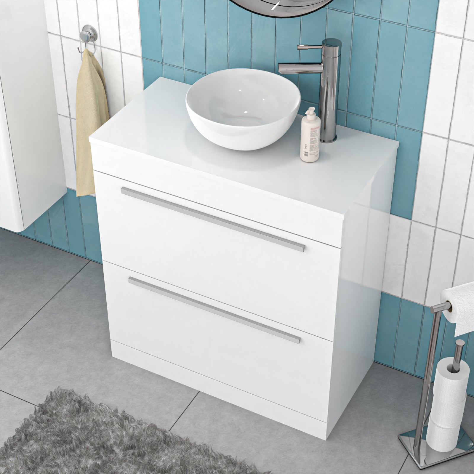 Nanuya White 800mm Vanity Cabinet & Modern Round Counter Top Basin Sink Unit