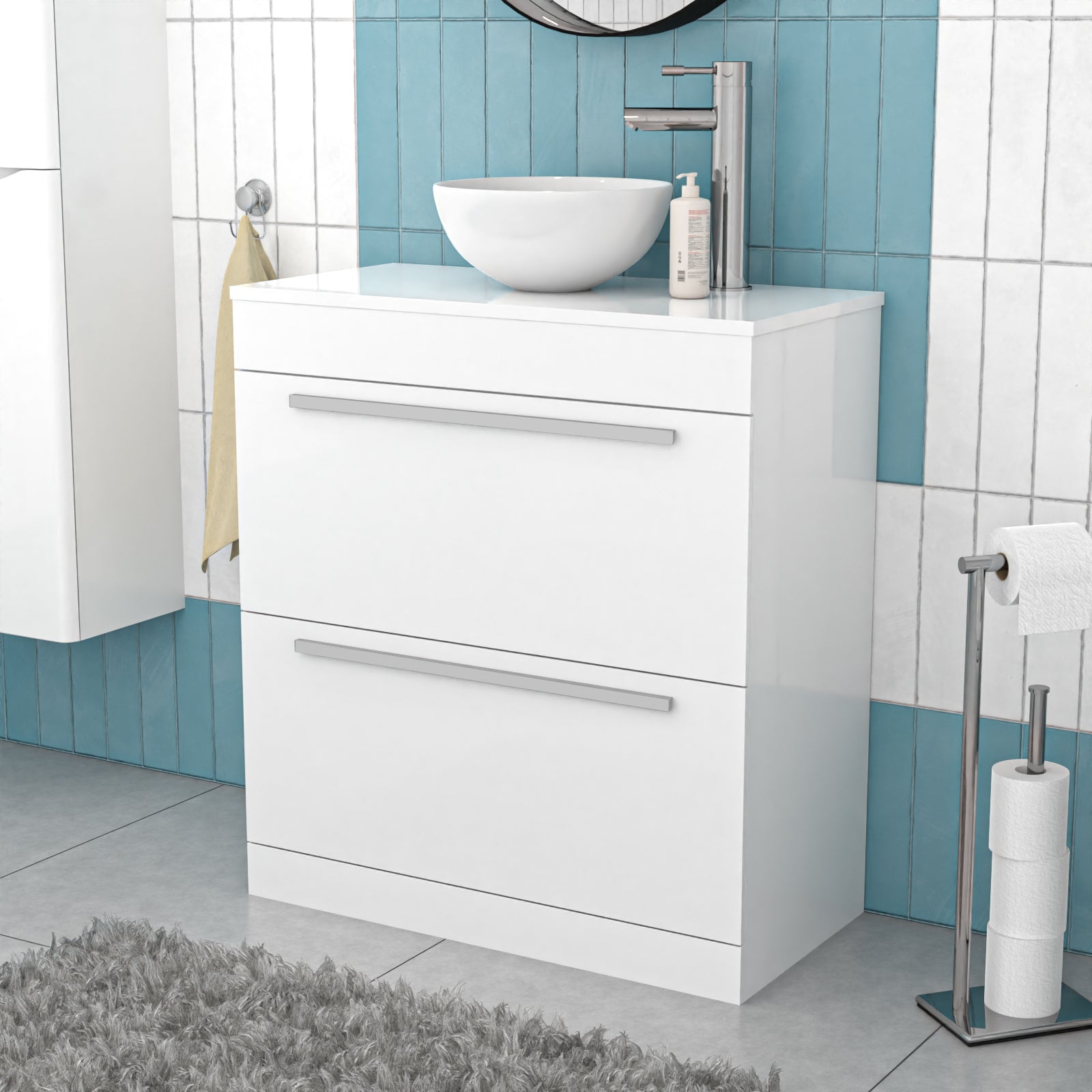 Nanuya White 800mm Vanity Cabinet & Modern Round Counter Top Basin Sink Unit