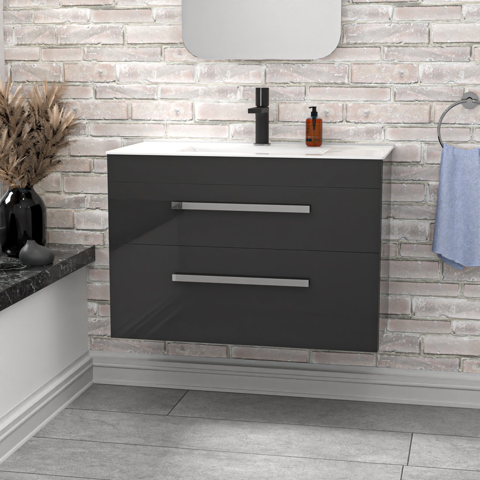 Wall Hung Cabinet 2 Drawer 800mm Anthracite with Slim Ceramic Basin