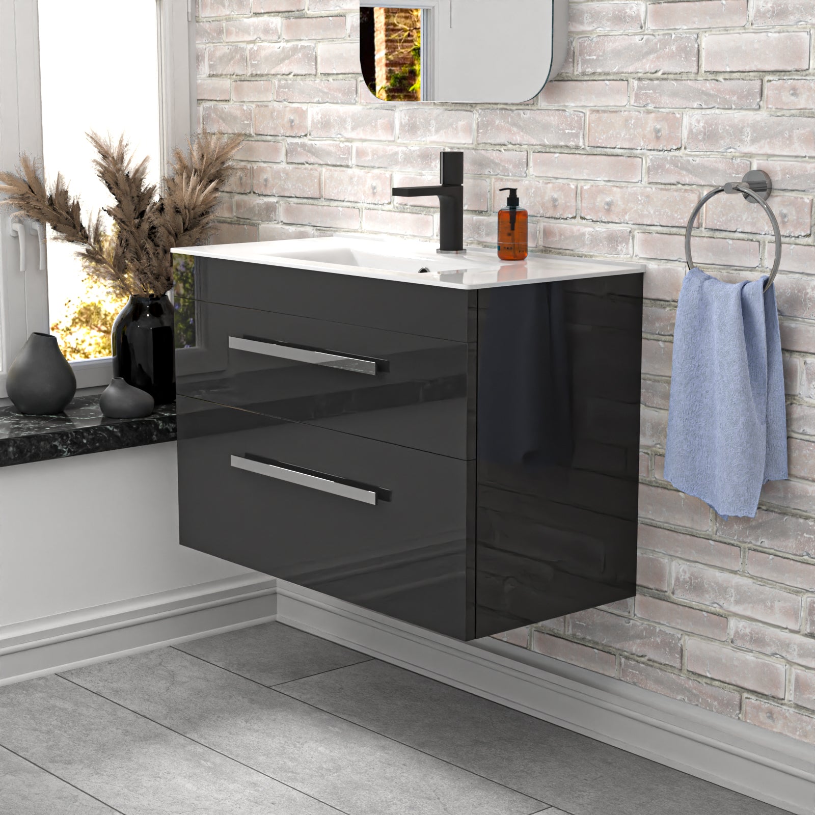 Wall Hung Cabinet 2 Drawer 800mm Anthracite with Slim Ceramic Basin