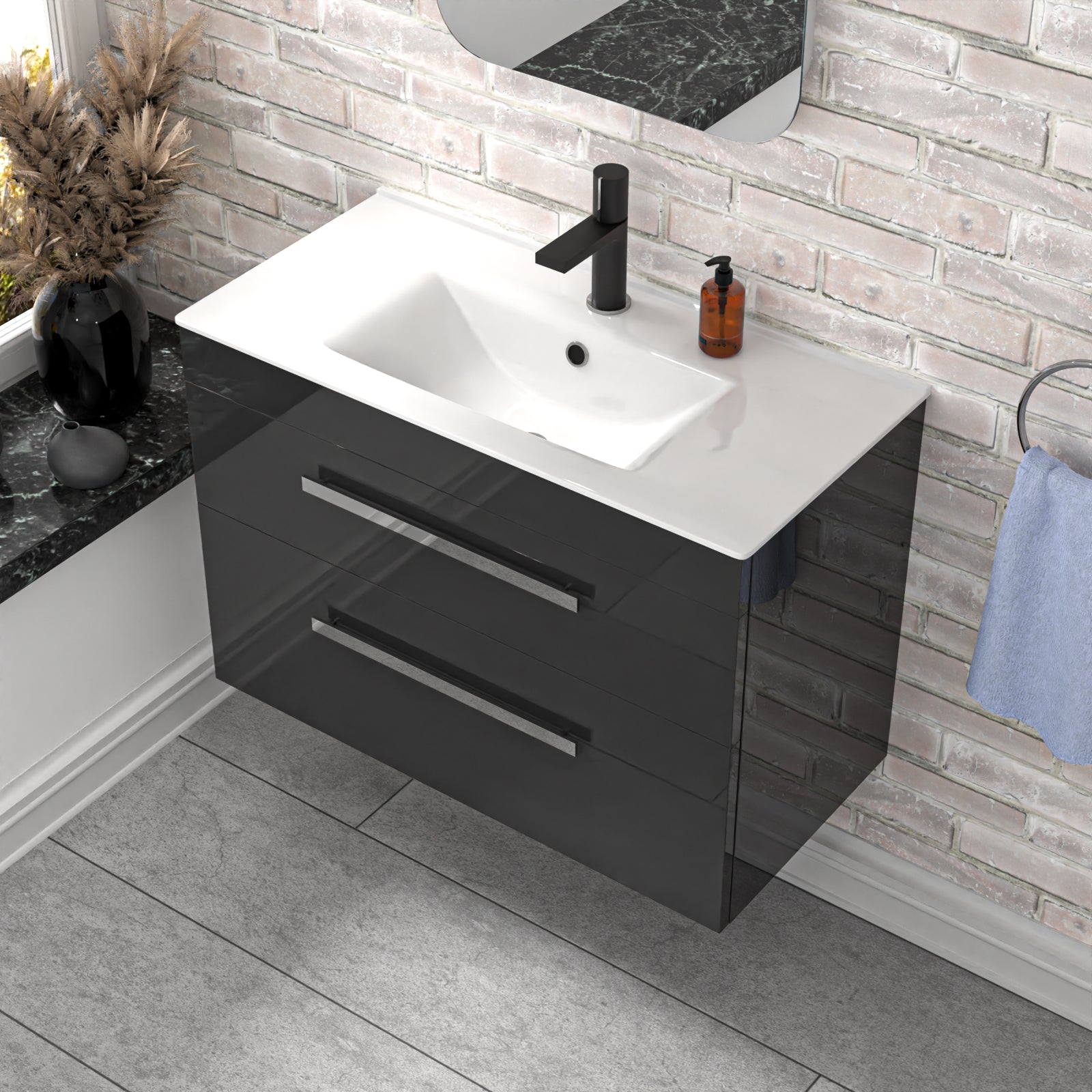 Wall Hung Cabinet 2 Drawer 800mm Anthracite with Slim Ceramic Basin