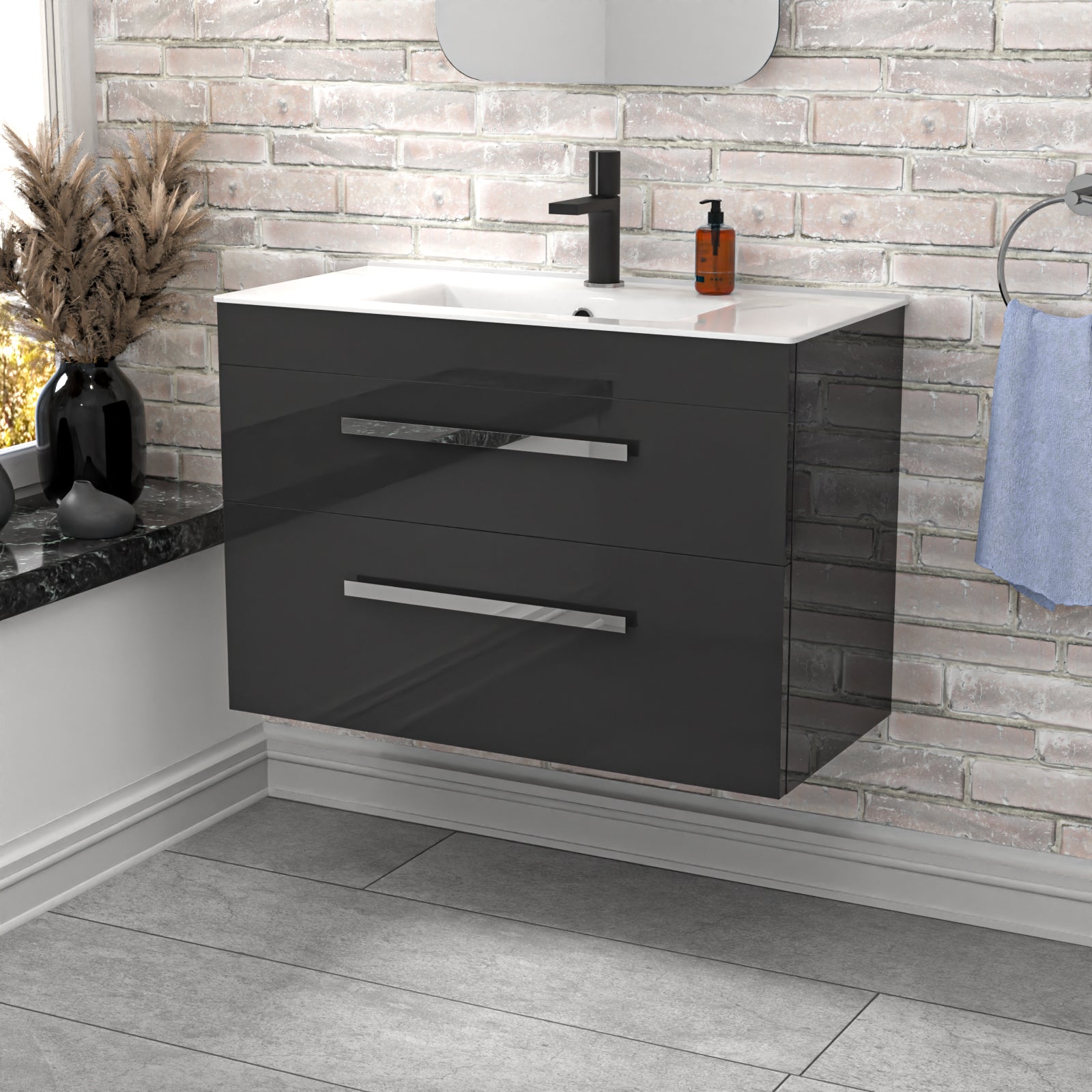 Wall Hung Cabinet 2 Drawer 800mm Anthracite with Slim Ceramic Basin