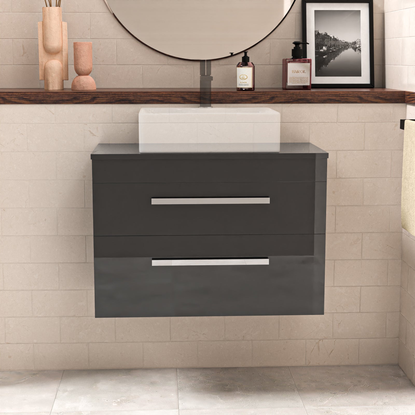 Wall Hung 800mm 2 Drawer Cabinet  With 800mm Anthracite Worktop