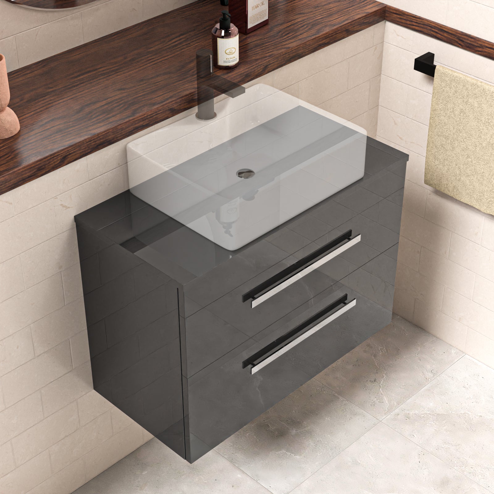 Wall Hung 800mm 2 Drawer Cabinet  With 800mm Anthracite Worktop