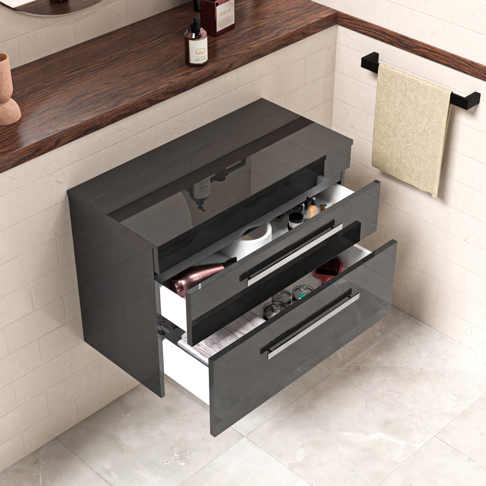 Wall Hung 800mm 2 Drawer Cabinet  With 800mm Anthracite Worktop