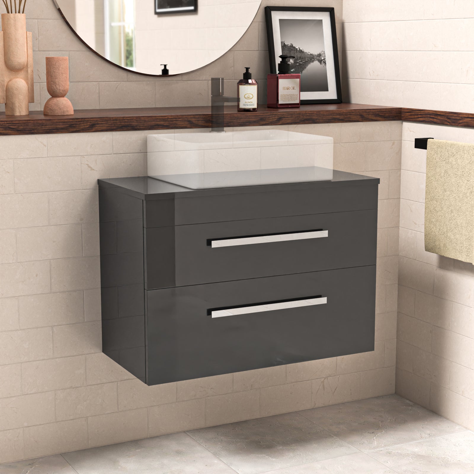 Wall Hung 800mm 2 Drawer Cabinet  With 800mm Anthracite Worktop