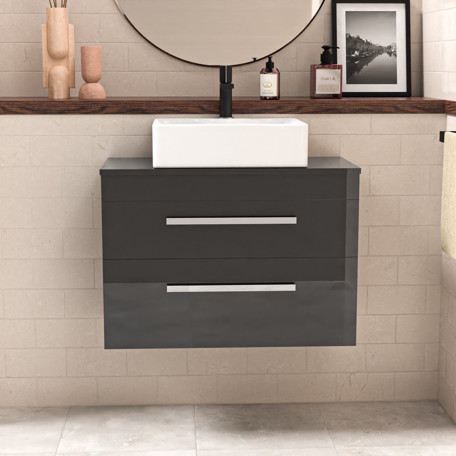 Wall Hung 800mm 2 Drawer Cabinet With Countertop Basin and Worktop