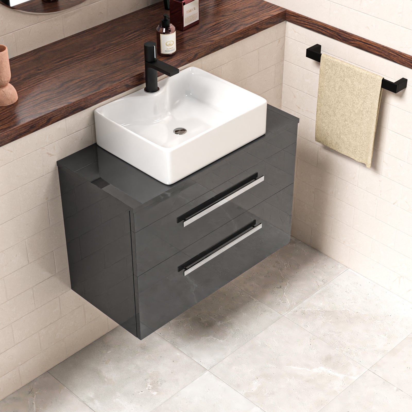 Wall Hung 800mm 2 Drawer Cabinet With Countertop Basin and Worktop