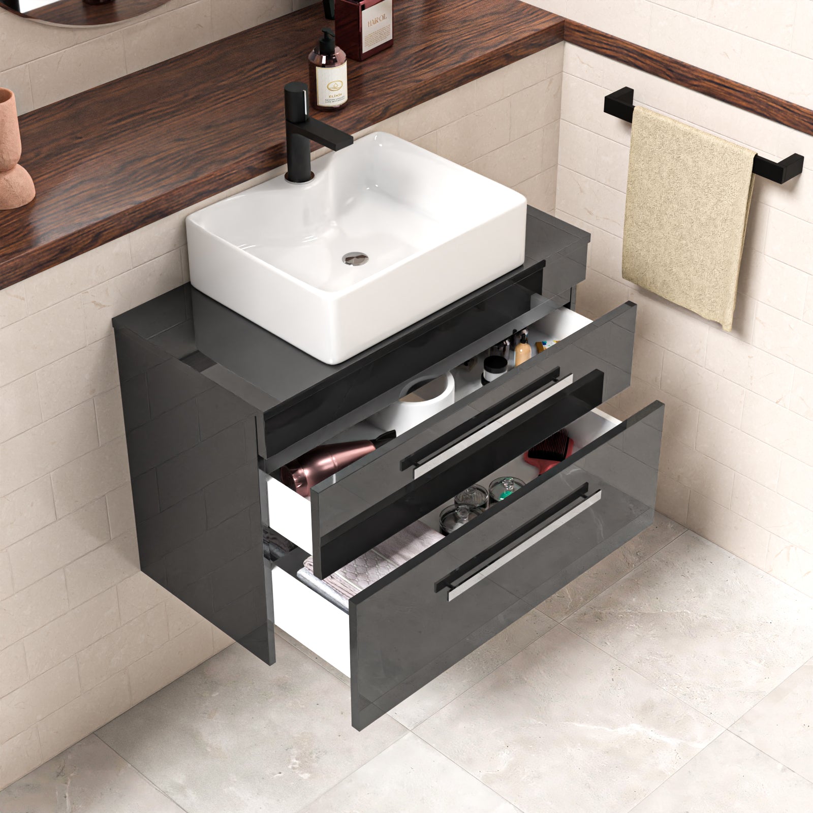 Wall Hung 800mm 2 Drawer Cabinet With Countertop Basin and Worktop