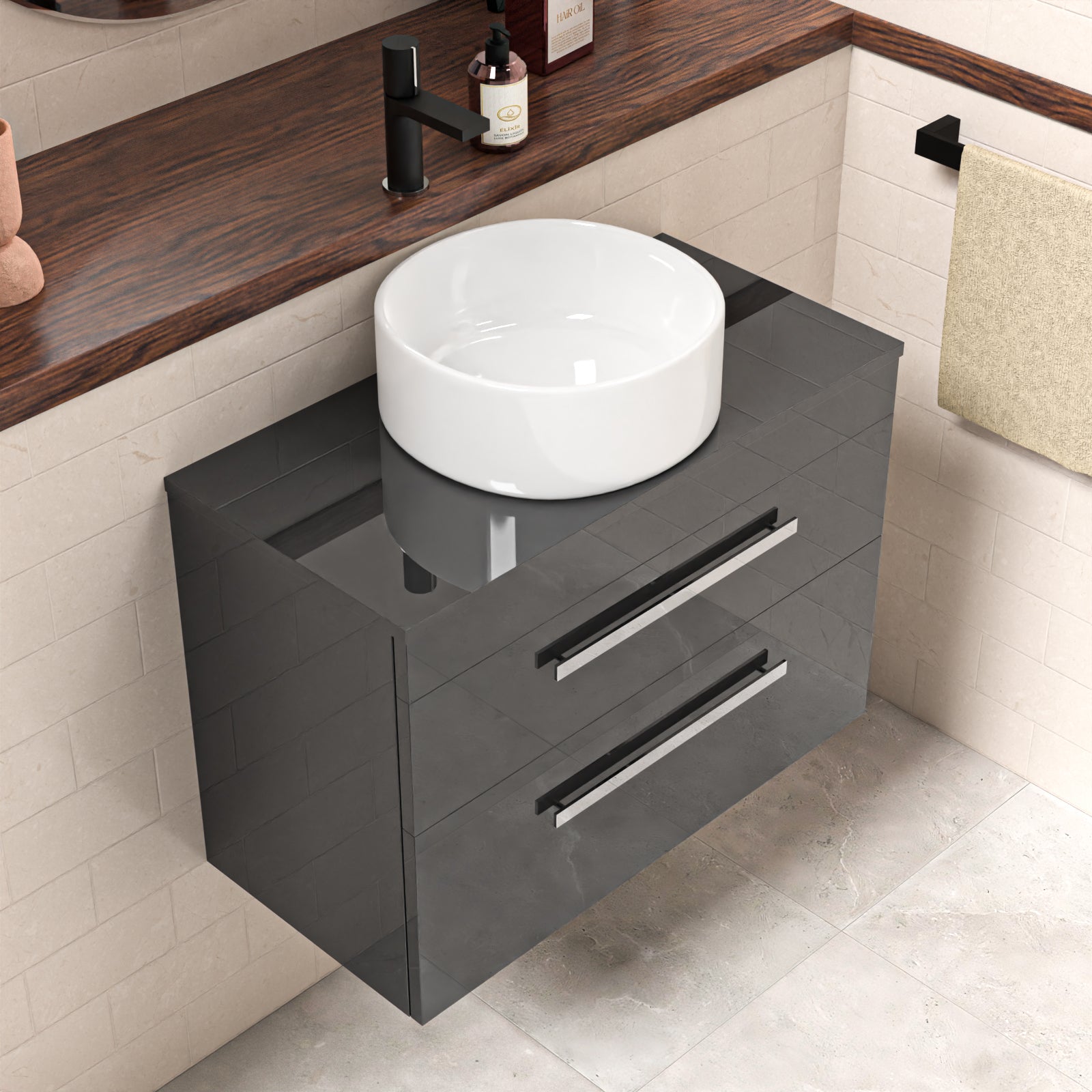 Wall Hung 800mm Drawers Cabinet With Countertop Basin and Worktop