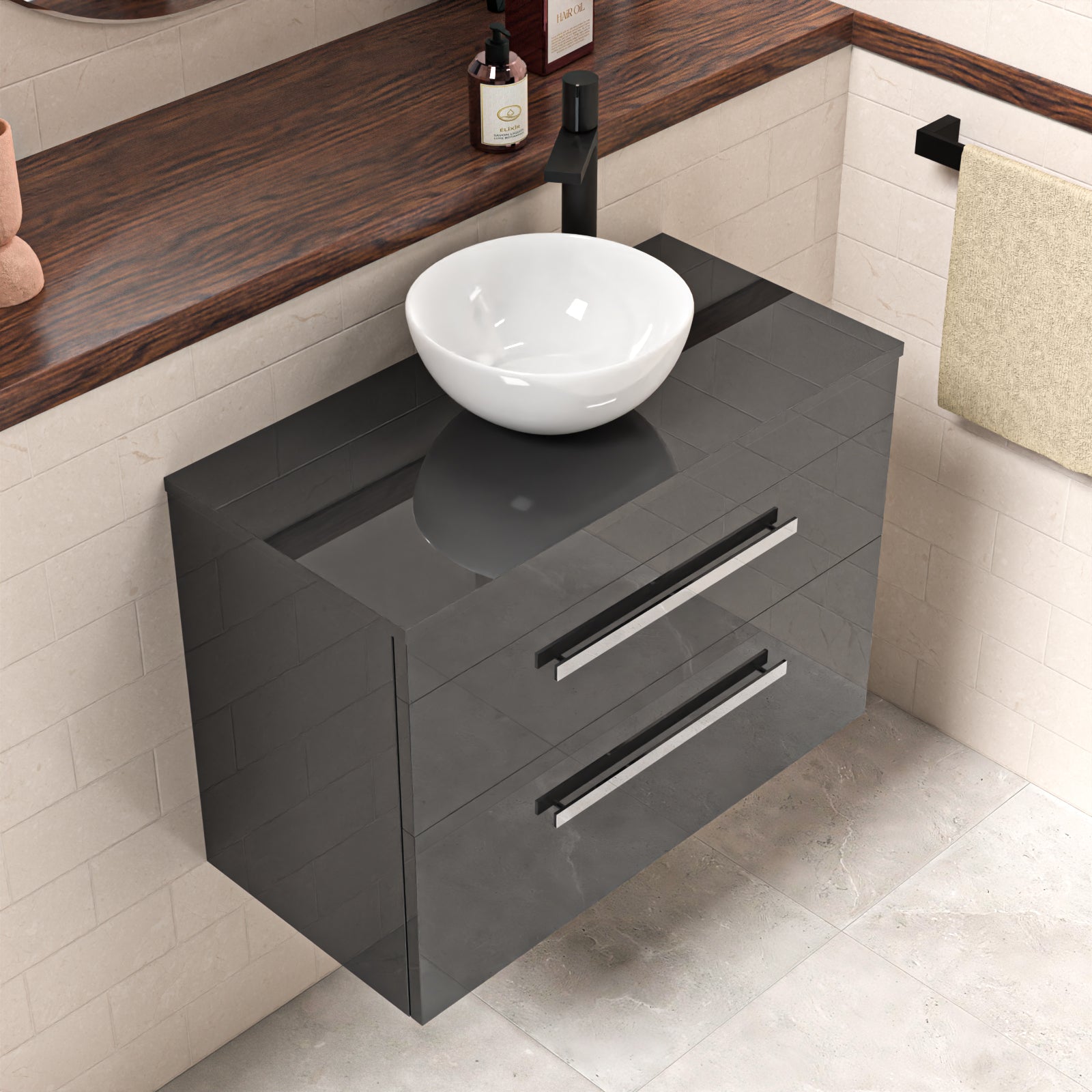 Wall Hung 800mm Cabinet With Countertop Round Basin and Worktop