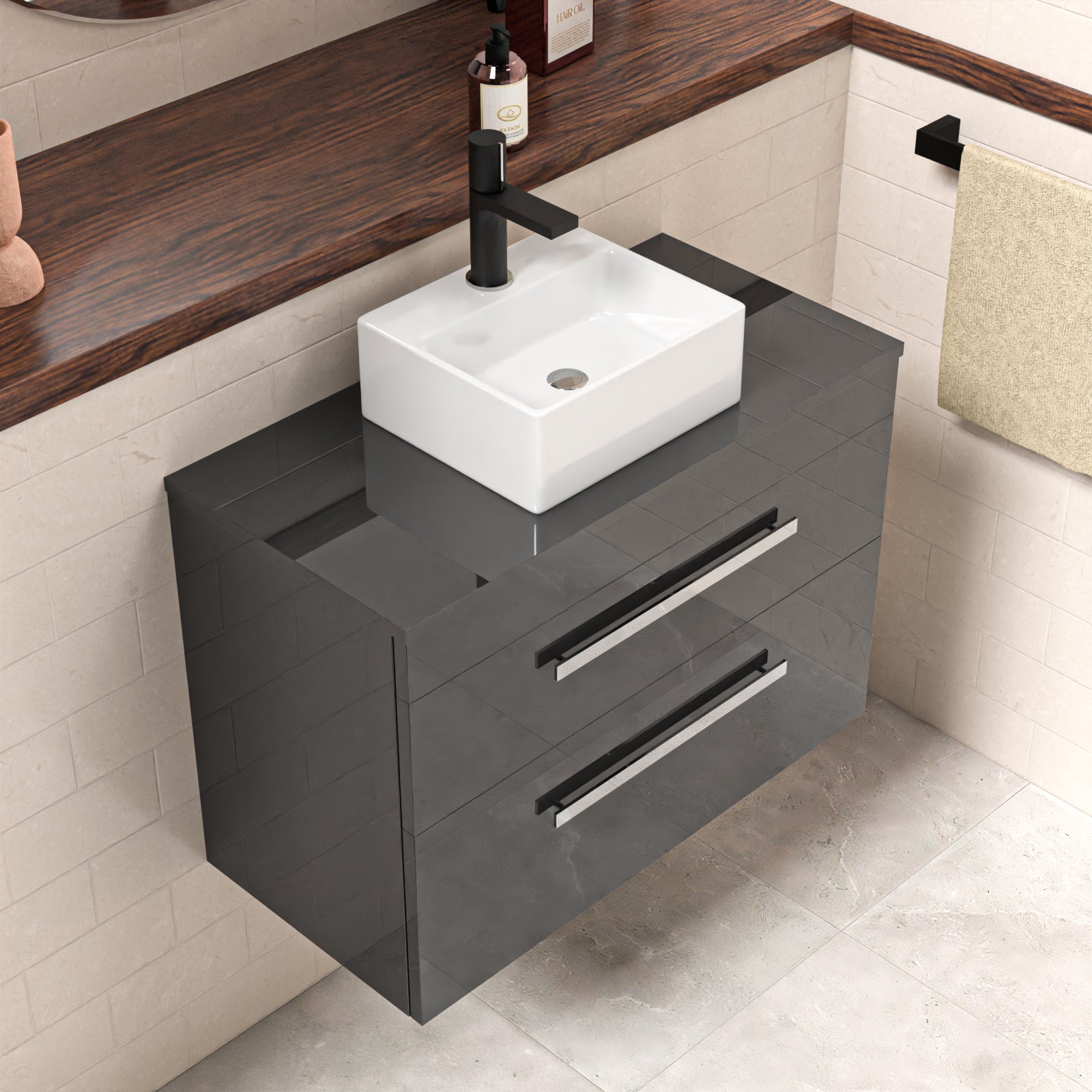 Wall Hung 800mm Anthracite Cabinet With Countertop Basin and Worktop