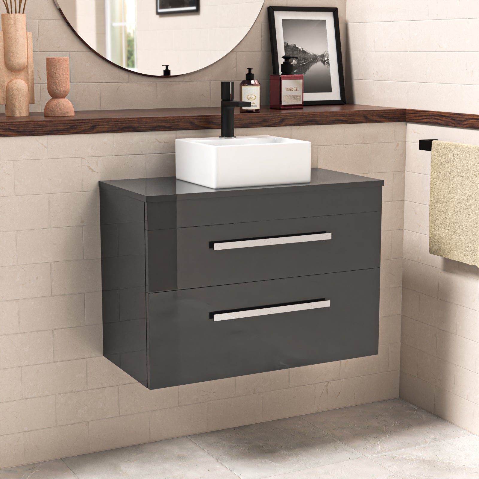 Wall Hung 800mm Anthracite Cabinet With Countertop Basin and Worktop