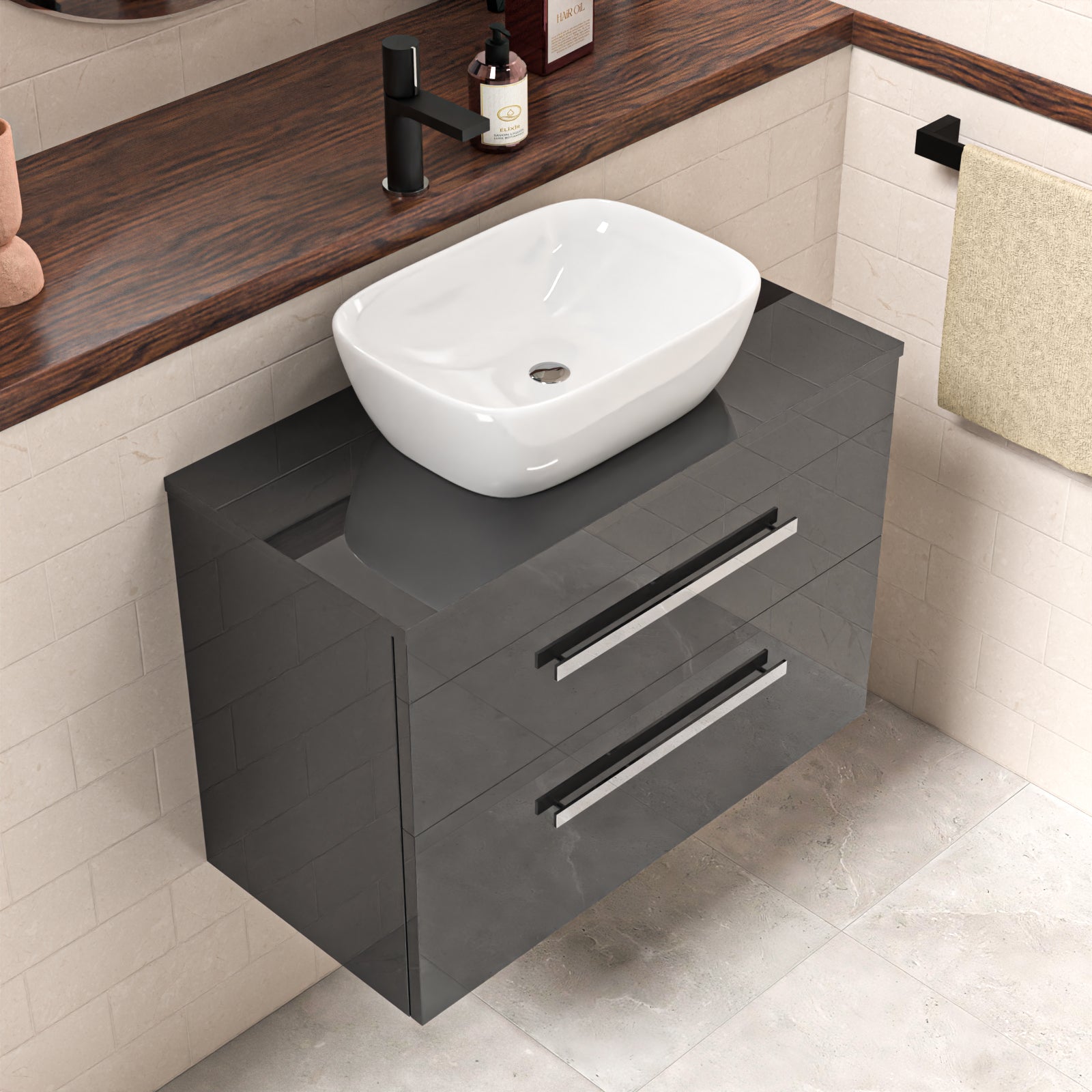 Wall Hung 800mm Anthracite Cabinet With Basin and Worktop