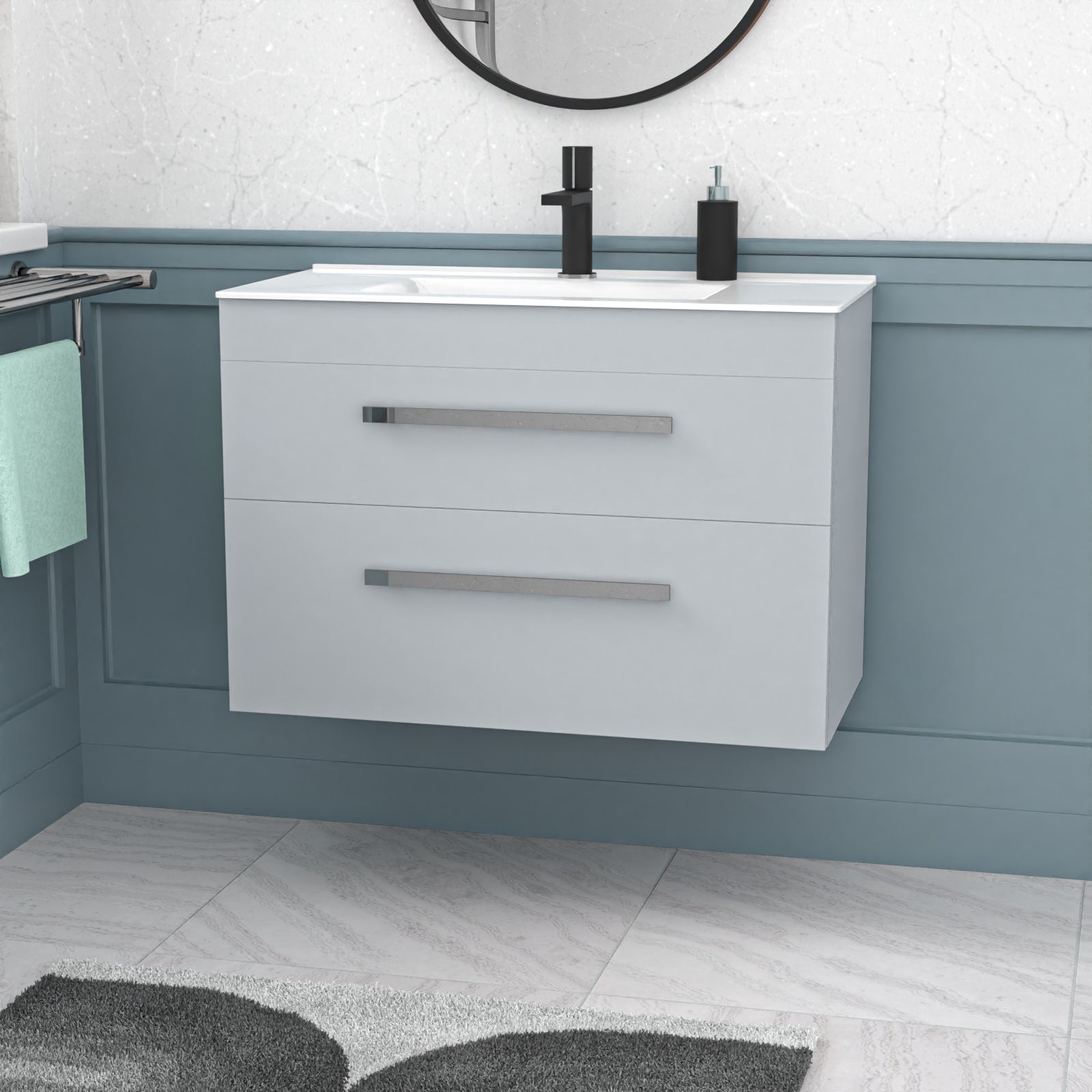 Wall Hung Cabinet 2 Drawer 800mm Matte Grey with Slim Ceramic Basin