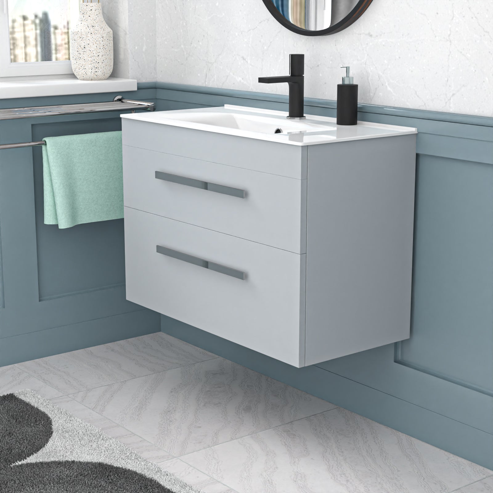 Wall Hung Cabinet 2 Drawer 800mm Matte Grey with Slim Ceramic Basin