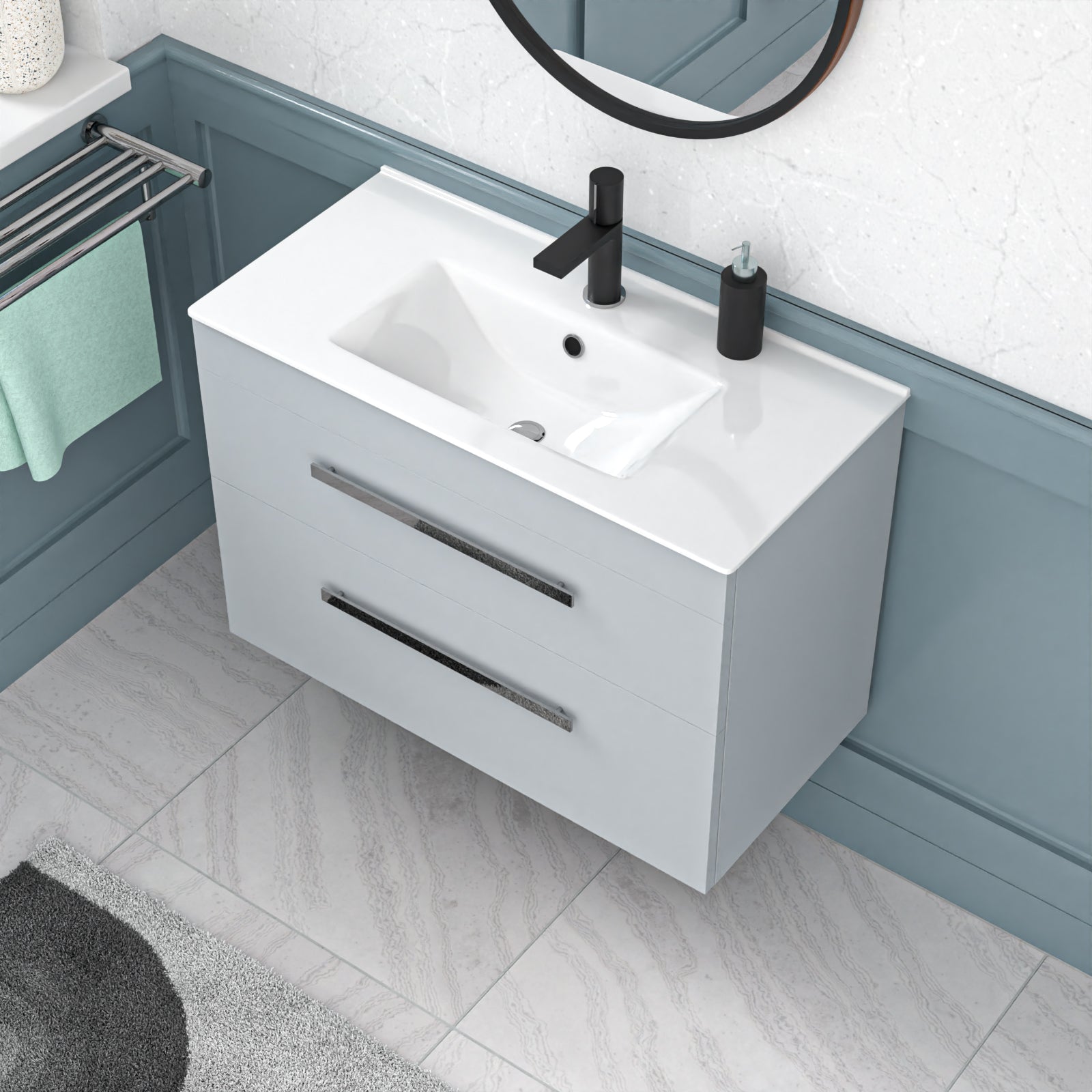 Wall Hung Cabinet 2 Drawer 800mm Matte Grey with Slim Ceramic Basin