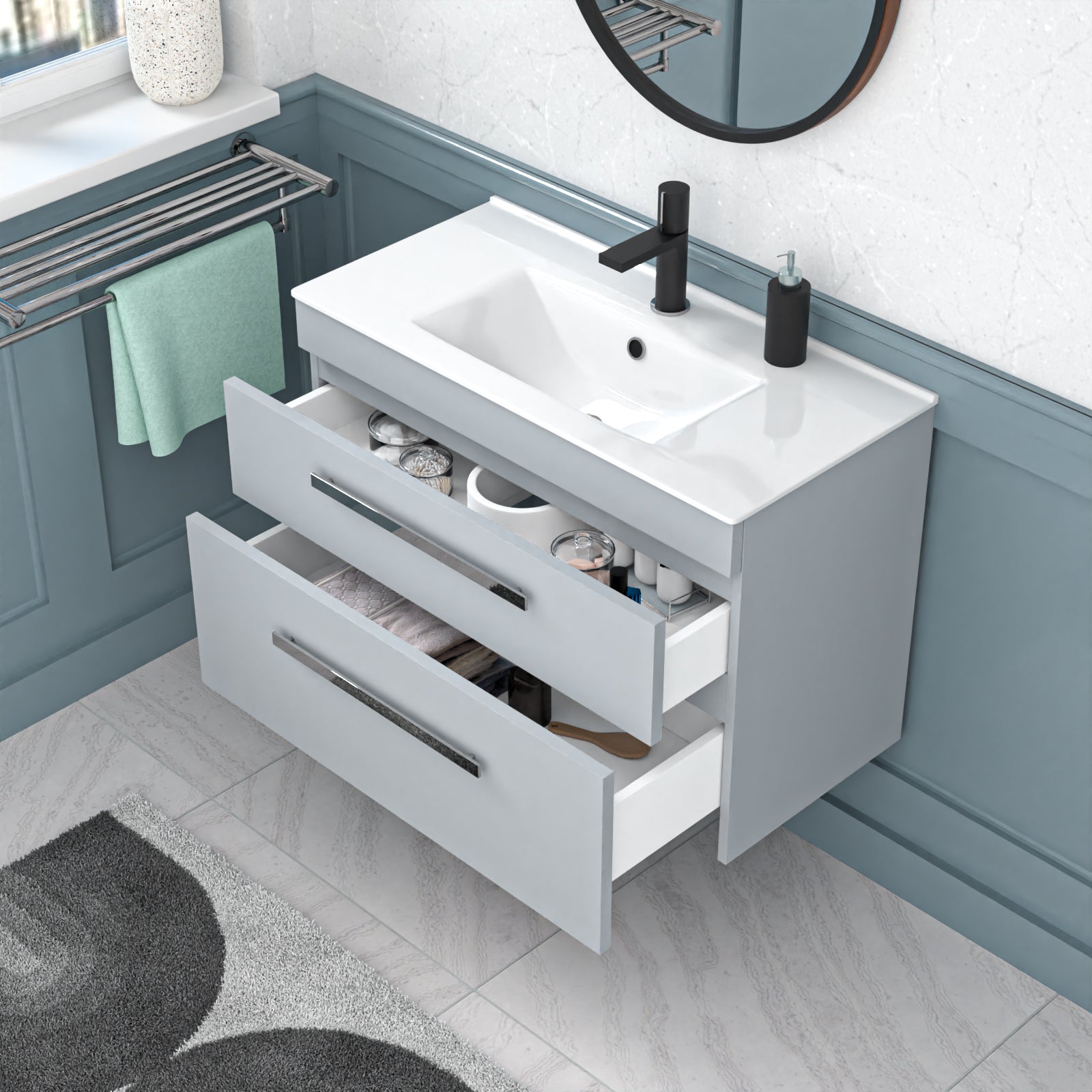 Wall Hung Cabinet 2 Drawer 800mm Matte Grey with Slim Ceramic Basin
