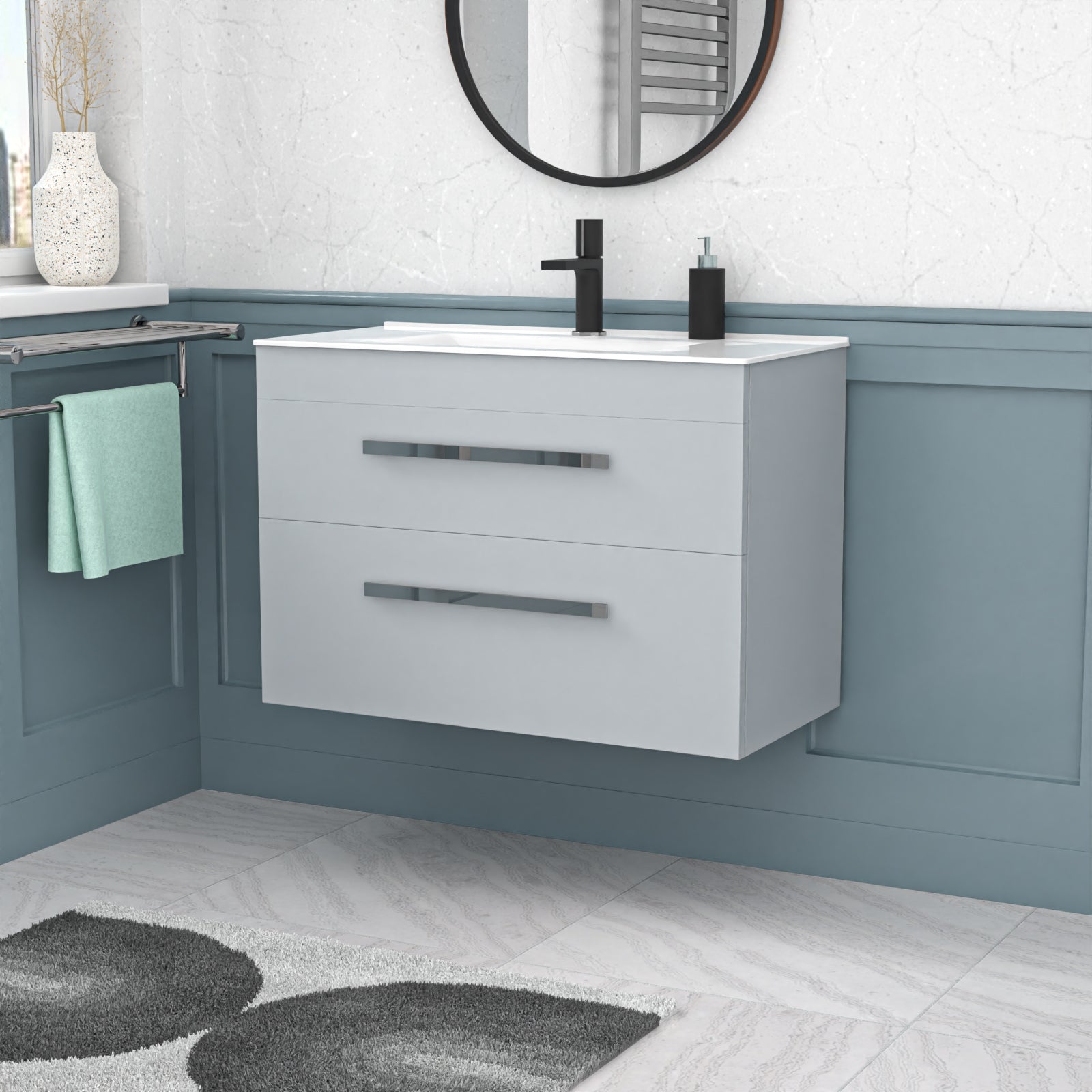 Wall Hung Cabinet 2 Drawer 800mm Matte Grey with Slim Ceramic Basin