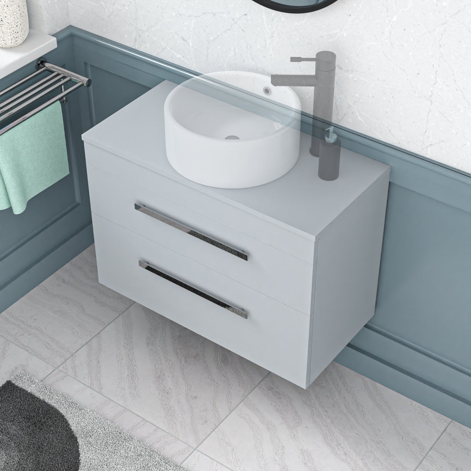 Wall Hung 800mm 2 Drawer Cabinet  With 800mm Matte Grey Worktop