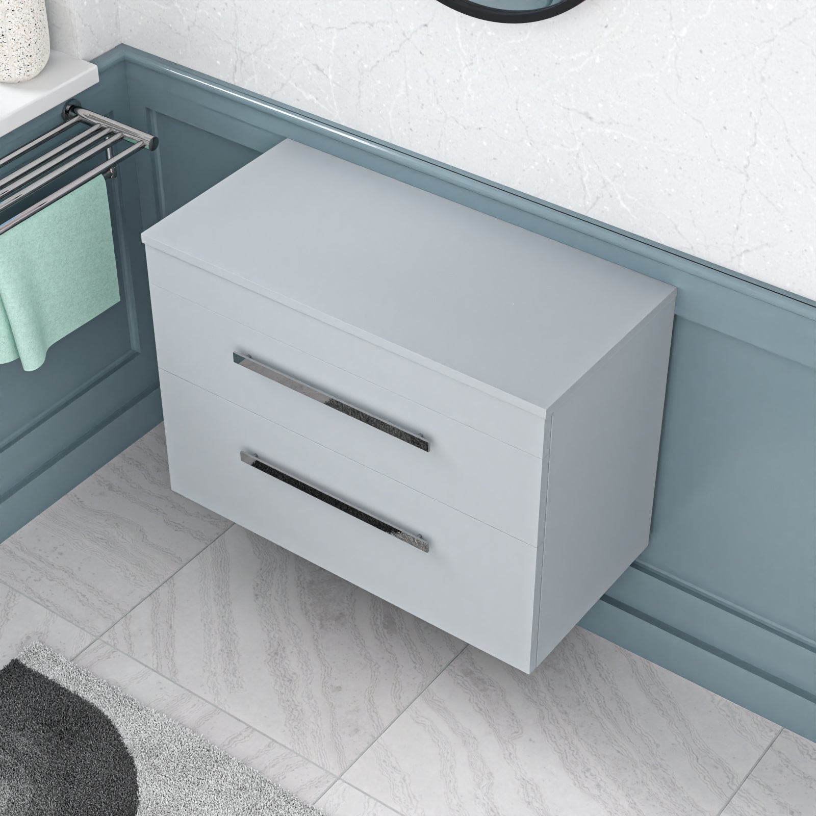 Wall Hung 800mm 2 Drawer Cabinet  With 800mm Matte Grey Worktop
