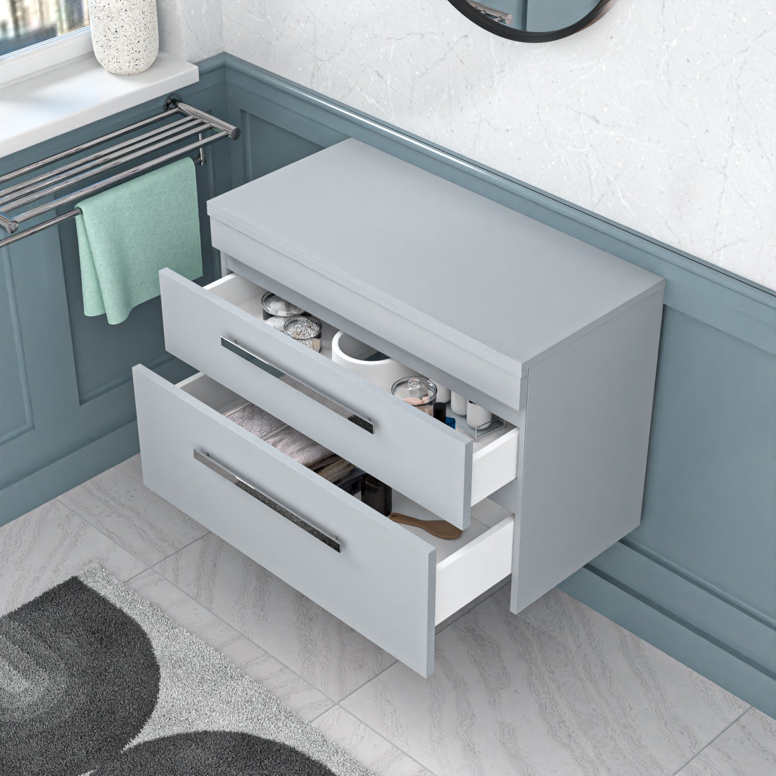 Wall Hung 800mm 2 Drawer Cabinet  With 800mm Matte Grey Worktop