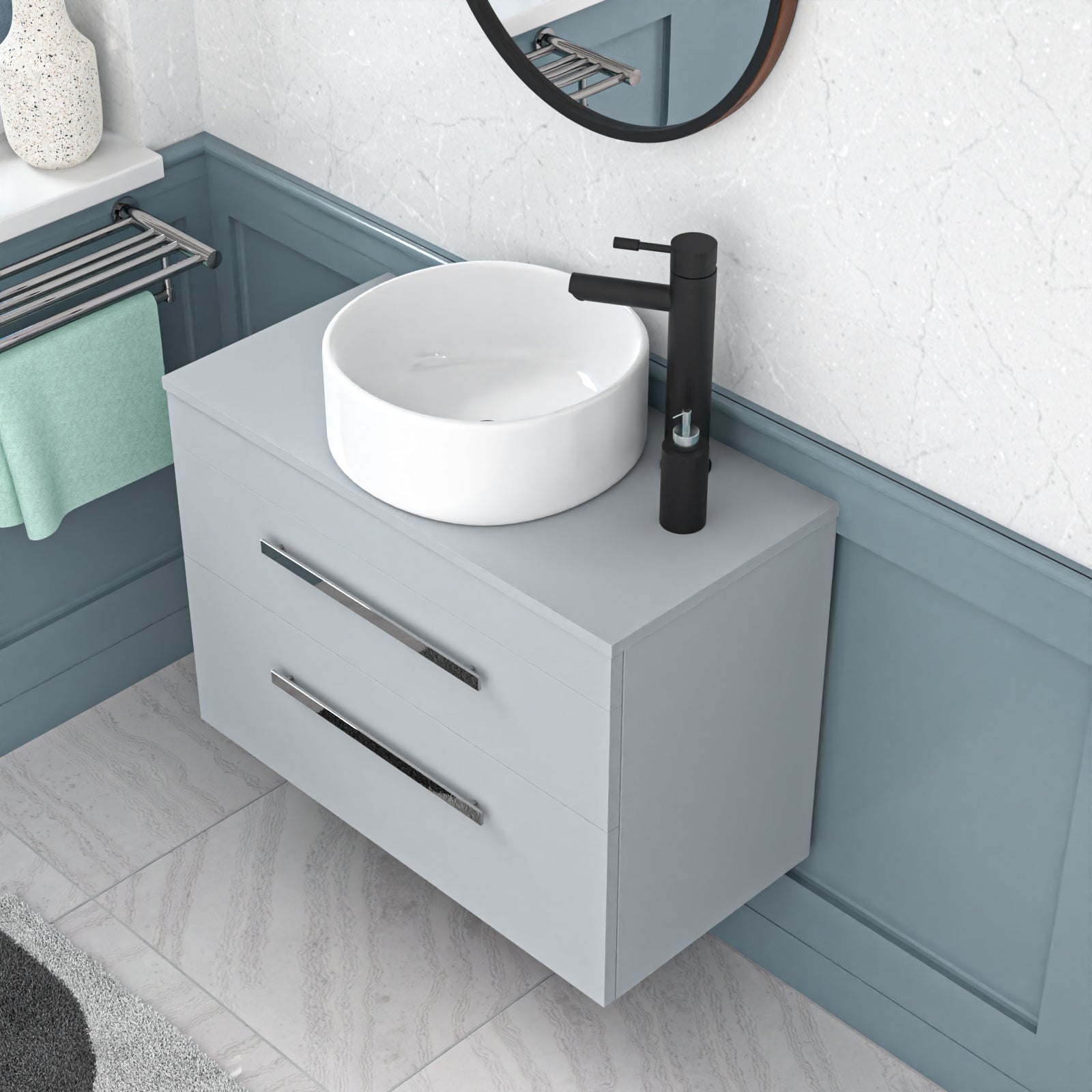 Wall Hung 800mm Matte Grey Drawers Cabinet With Basin and Worktop