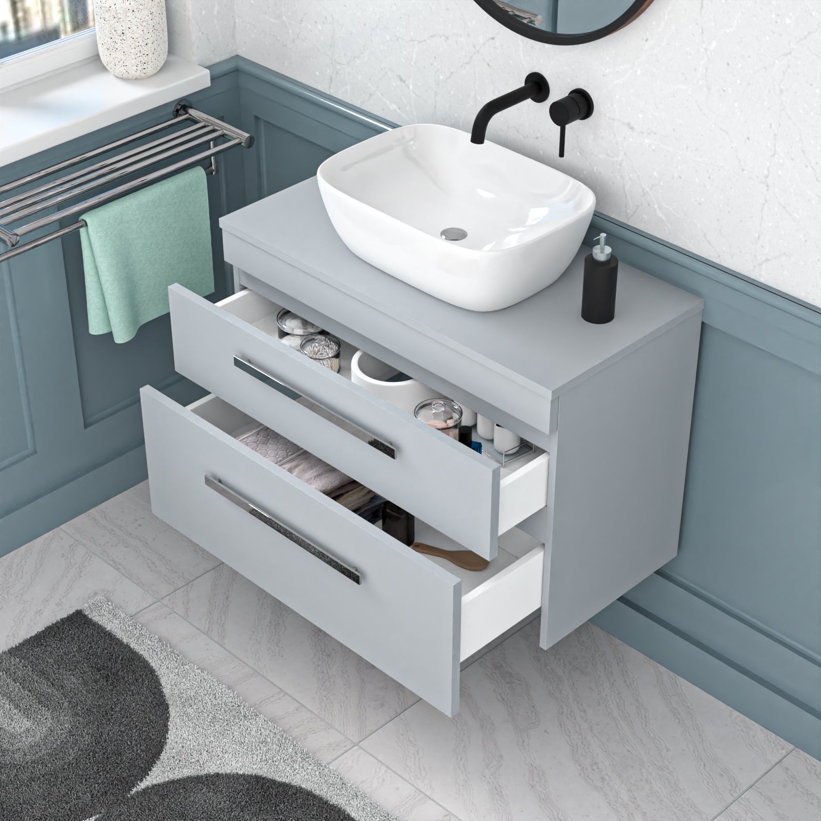 Wall Hung 800mm Matte Grey Drawers Vanity With Basin and Worktop