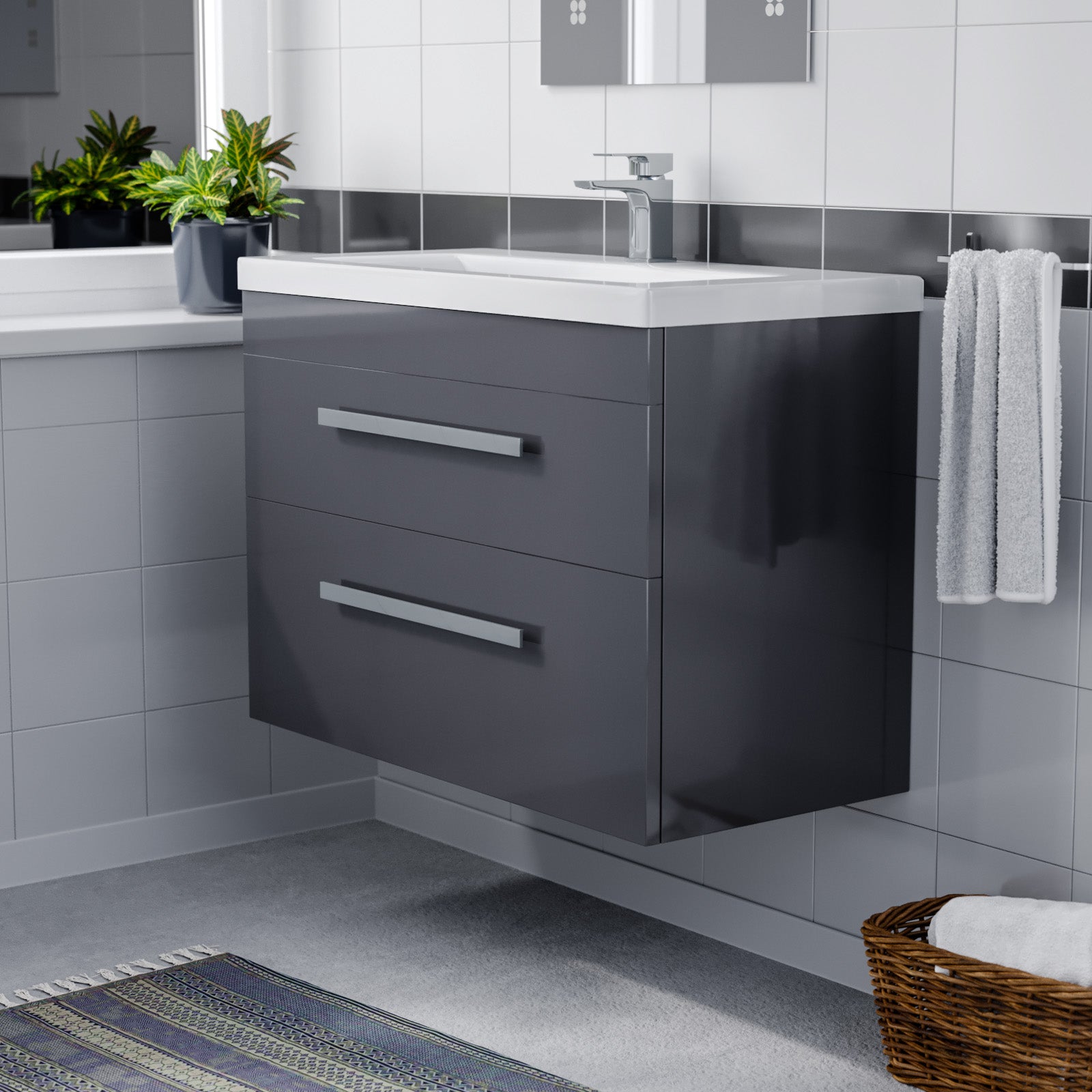Nanuya Wall Hung Cabinet 2 Drawer 800mm Vanity Unit Steel Grey with Ceramic Sink Basin