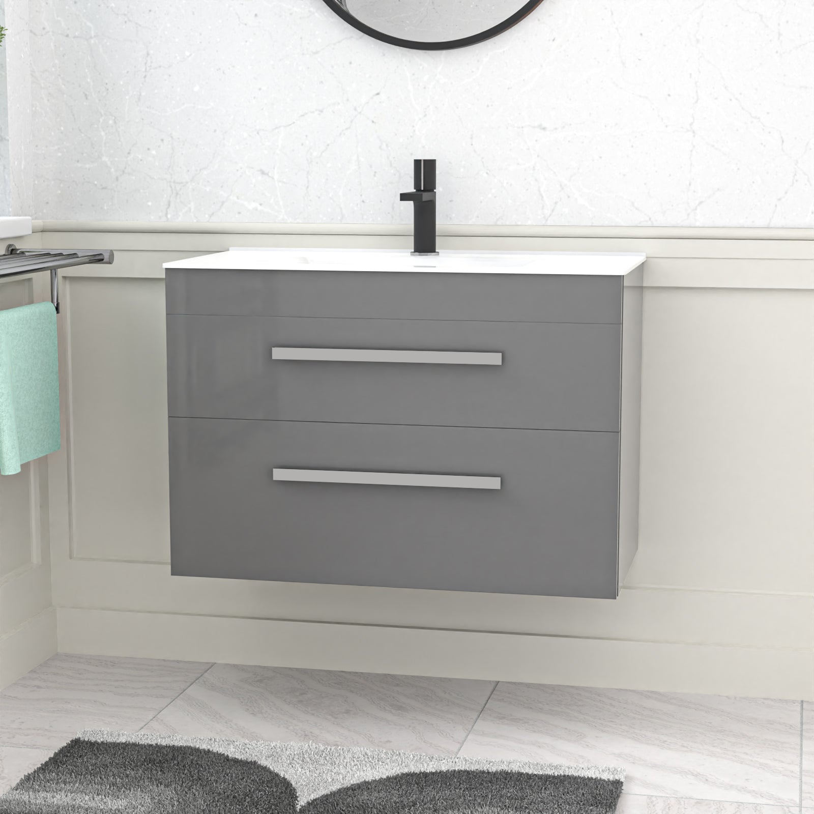 Nanuya 800mm Grey Wall Hung 2 Drawers Slim Basin Vanity Unit