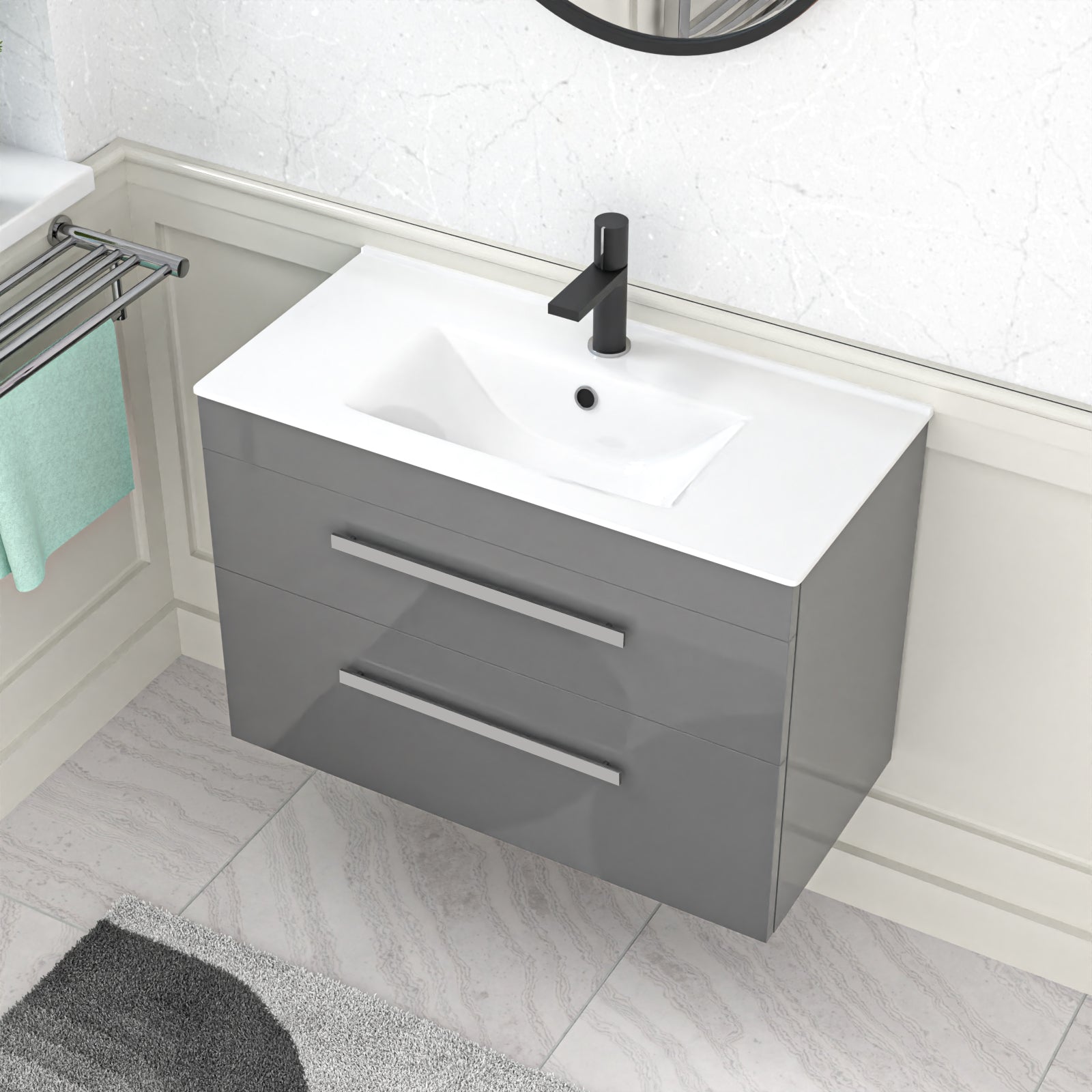 Nanuya 800mm Grey Wall Hung 2 Drawers Slim Basin Vanity Unit