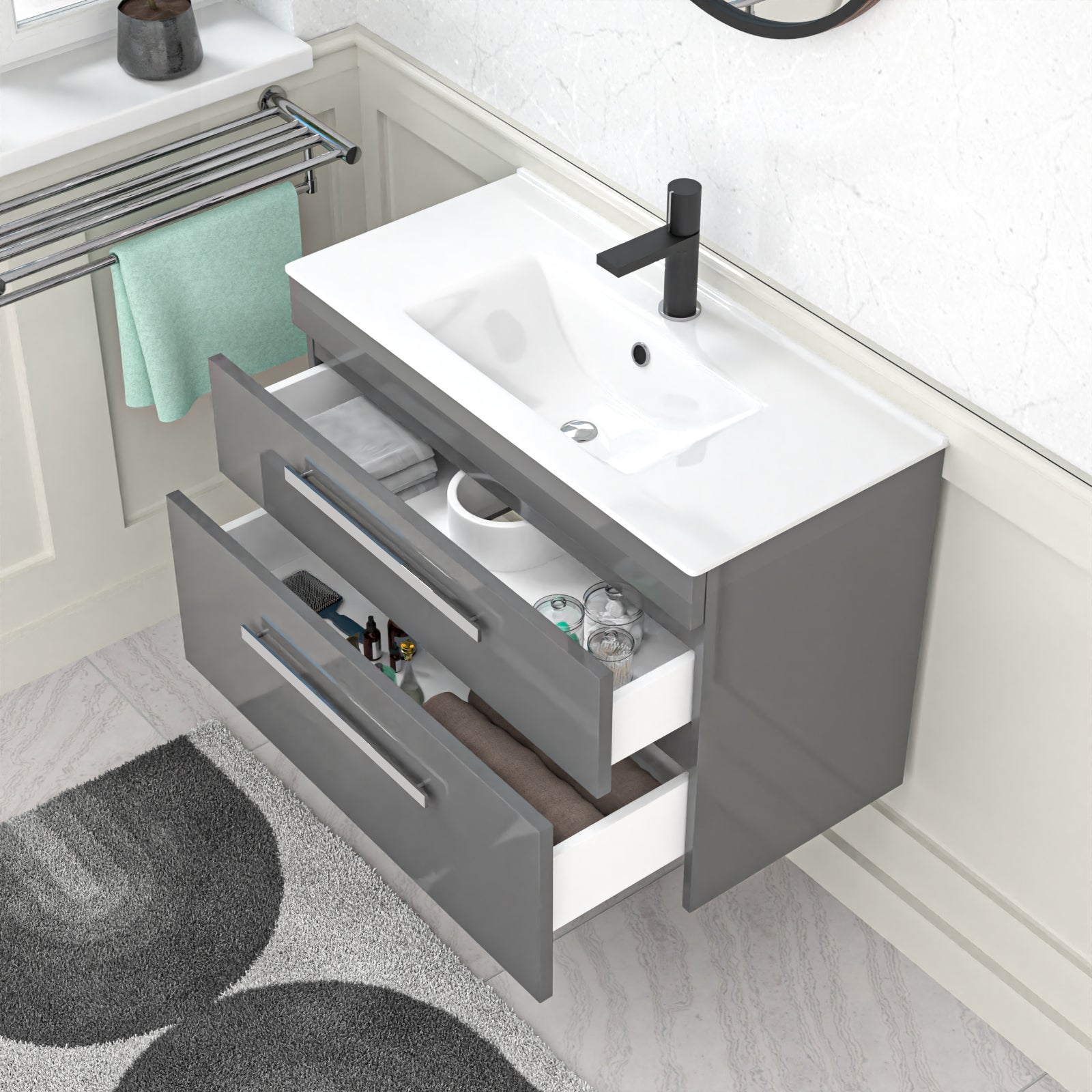 Nanuya 800mm Grey Wall Hung 2 Drawers Slim Basin Vanity Unit