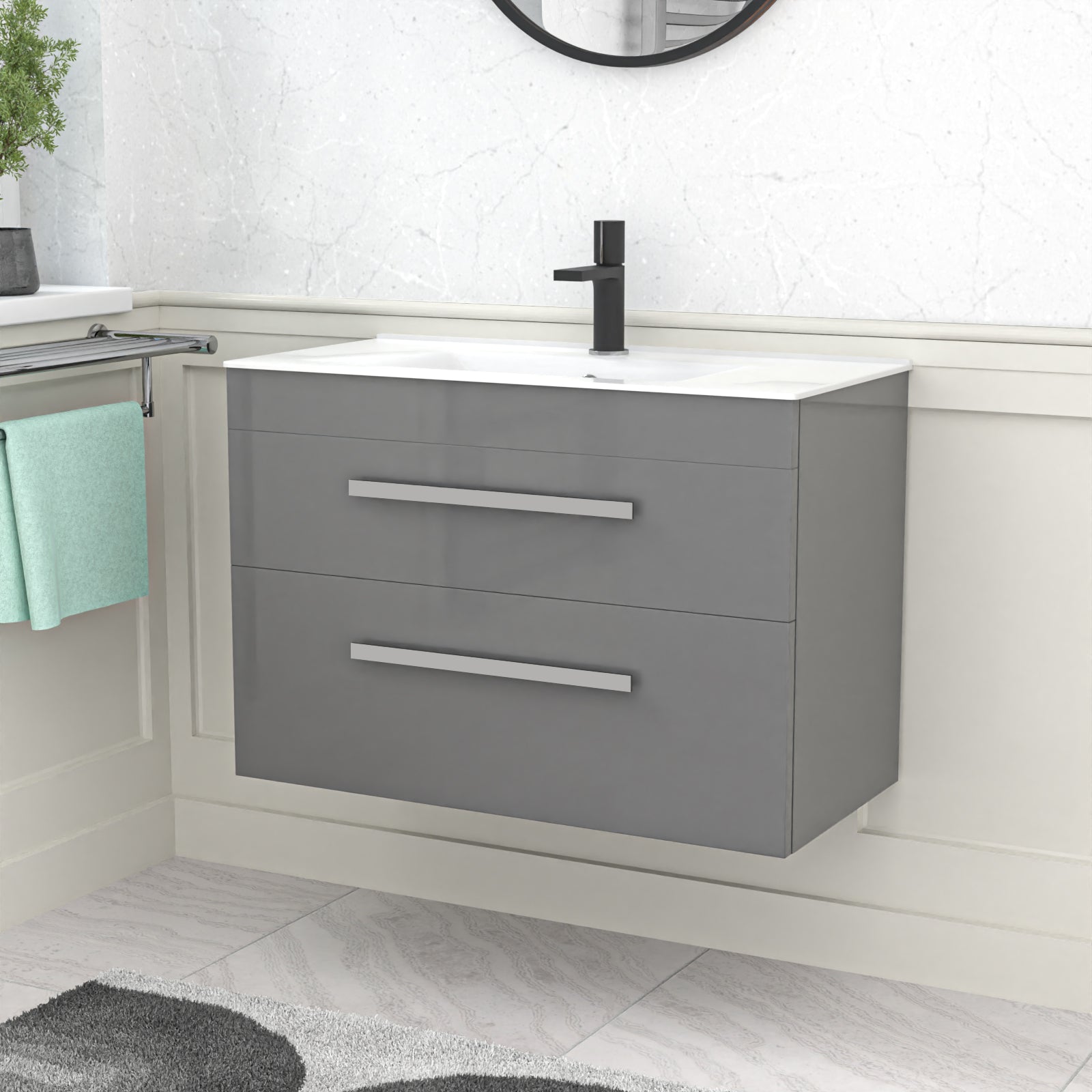 Nanuya 800mm Grey Wall Hung 2 Drawers Slim Basin Vanity Unit
