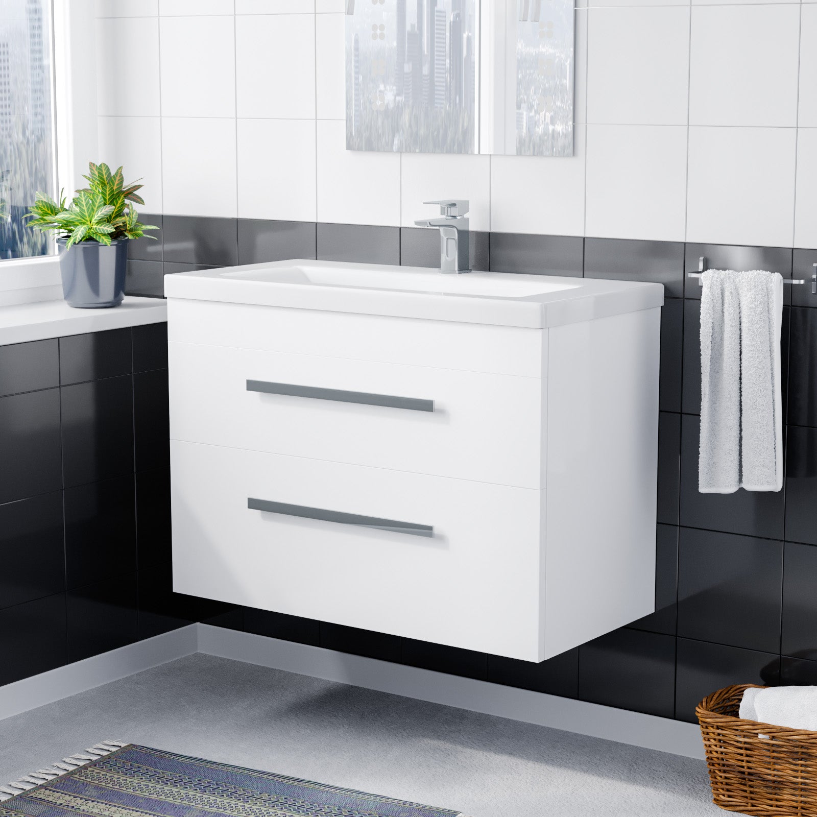 Nanuya 800mm Gloss White Wall Hung 2 Drawer Vanity Cabinet & Ceramic Basin Sink