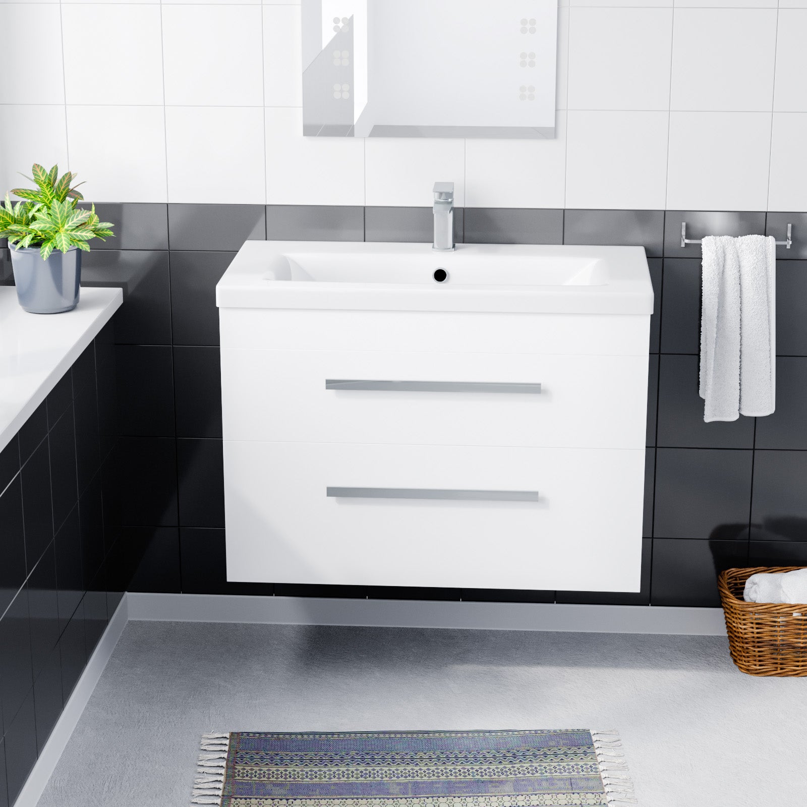 Nanuya 800mm Gloss White Wall Hung 2 Drawer Vanity Cabinet & Ceramic Basin Sink
