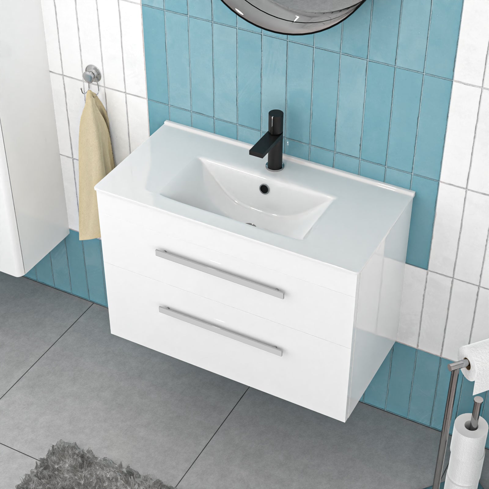 Nanuya 800mm White Wall Hung 2 Drawers Slim Basin Vanity Unit