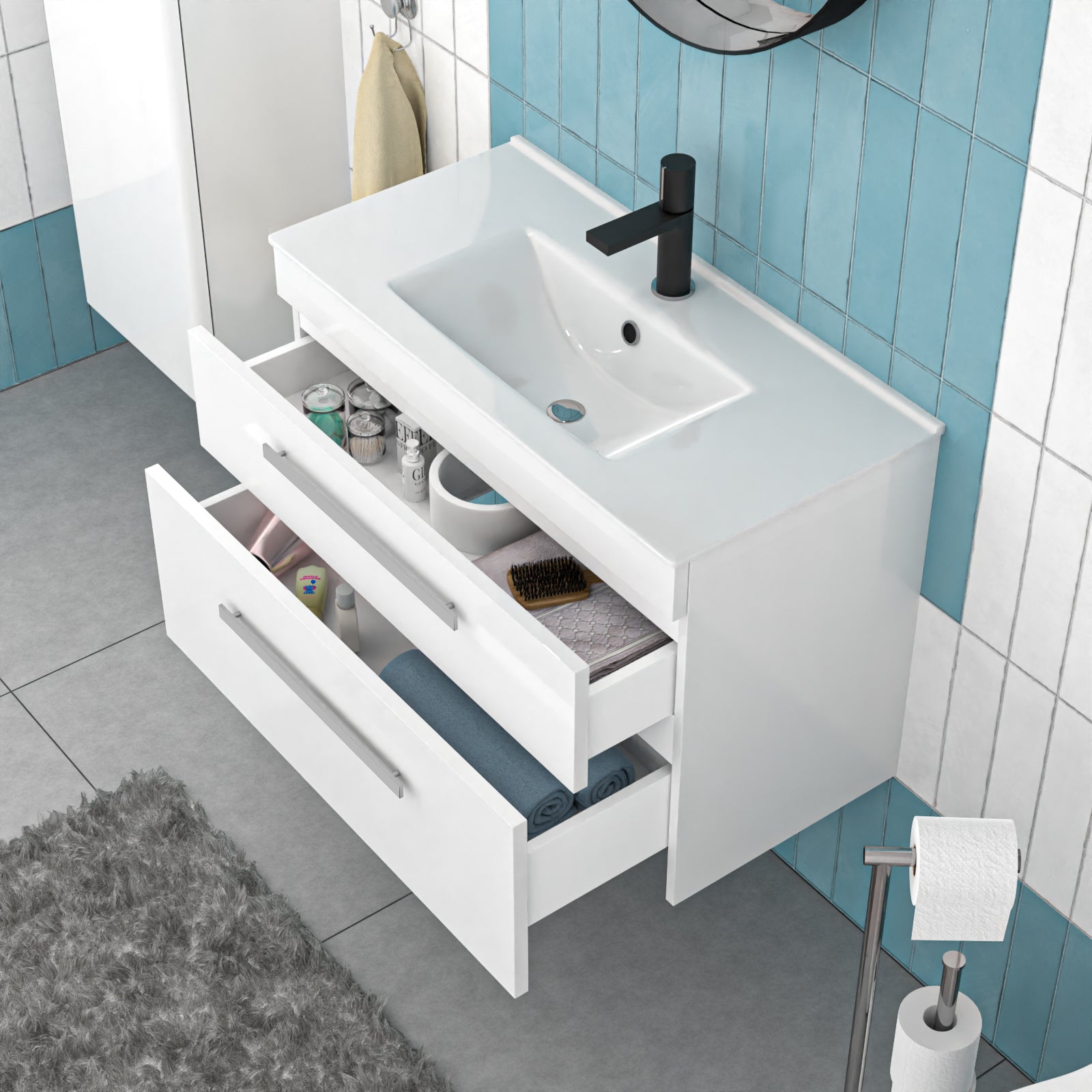 Nanuya 800mm White Wall Hung 2 Drawers Slim Basin Vanity Unit