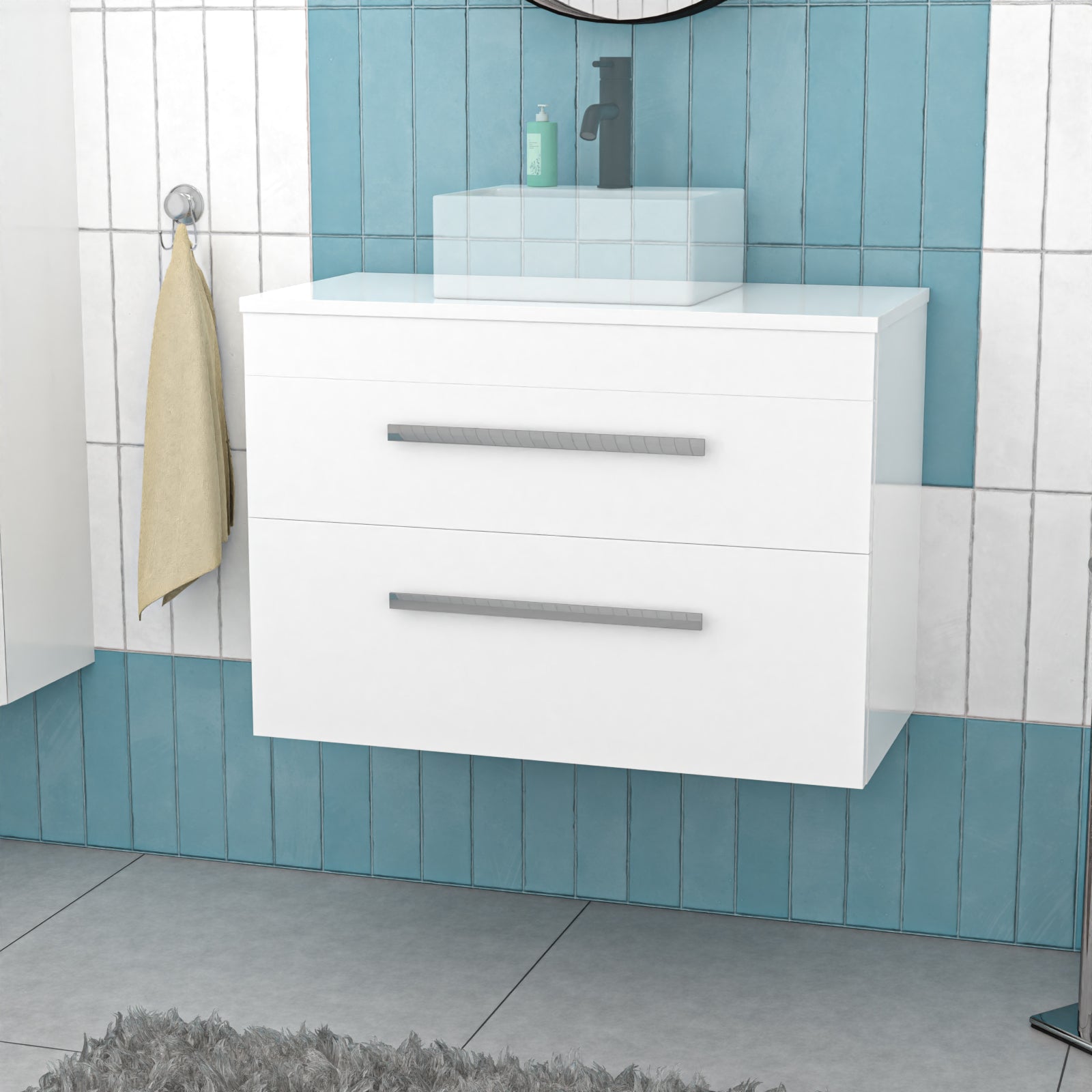 800mm Wall Hung Cabinet 2 Drawer with Worktop - Gloss White
