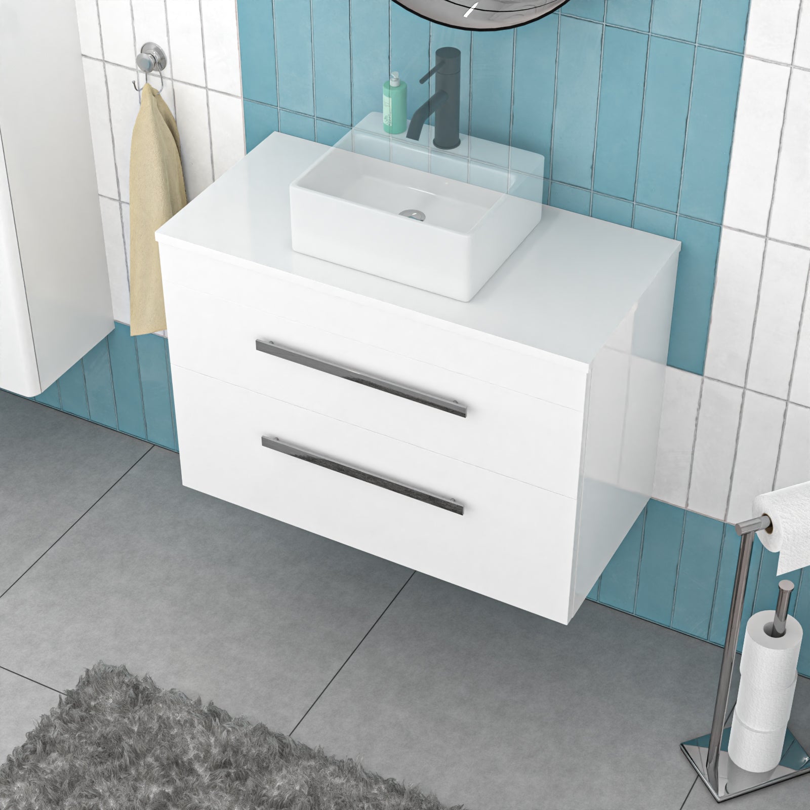 800mm Wall Hung Cabinet 2 Drawer with Worktop - Gloss White