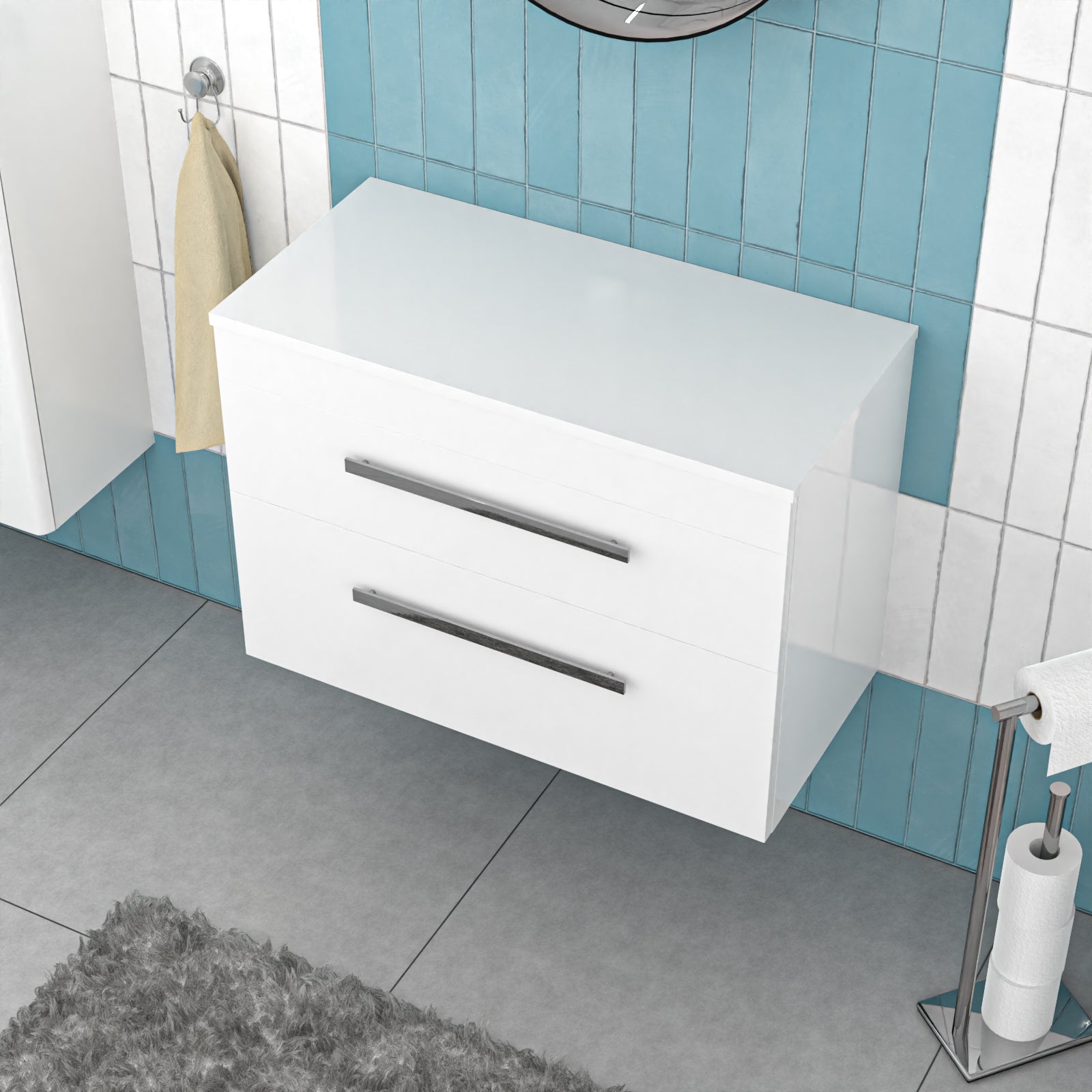 800mm Wall Hung Cabinet 2 Drawer with Worktop - Gloss White
