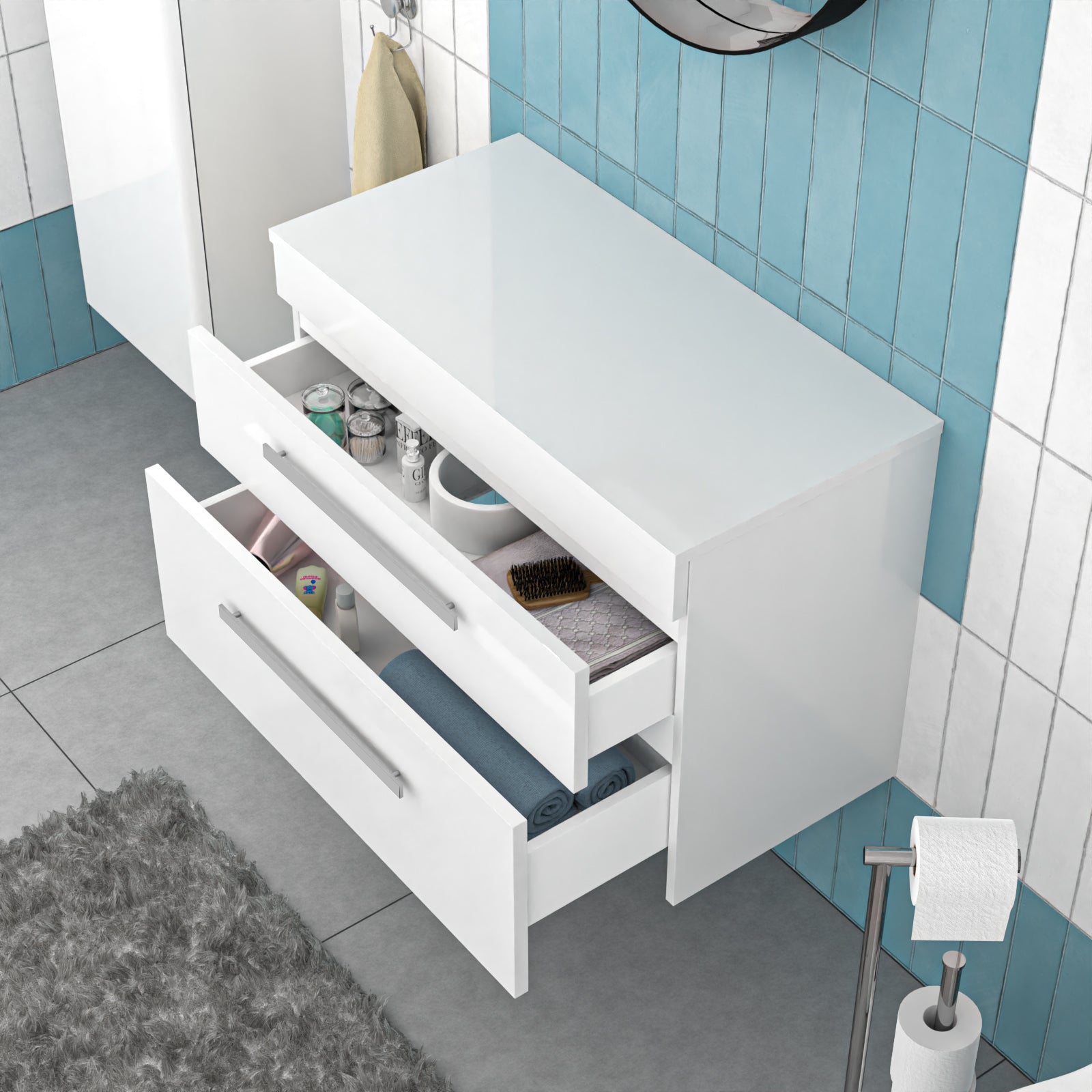 800mm Wall Hung Cabinet 2 Drawer with Worktop - Gloss White