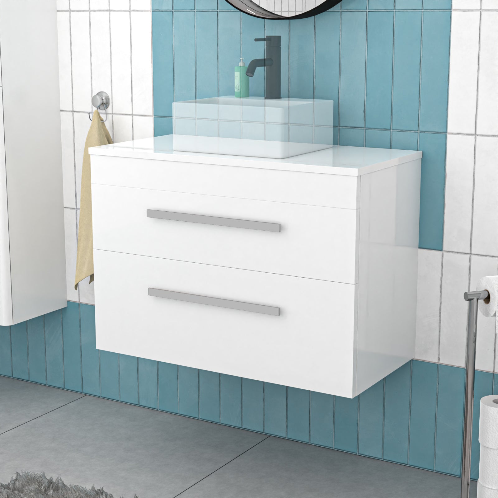 800mm Wall Hung Cabinet 2 Drawer with Worktop - Gloss White