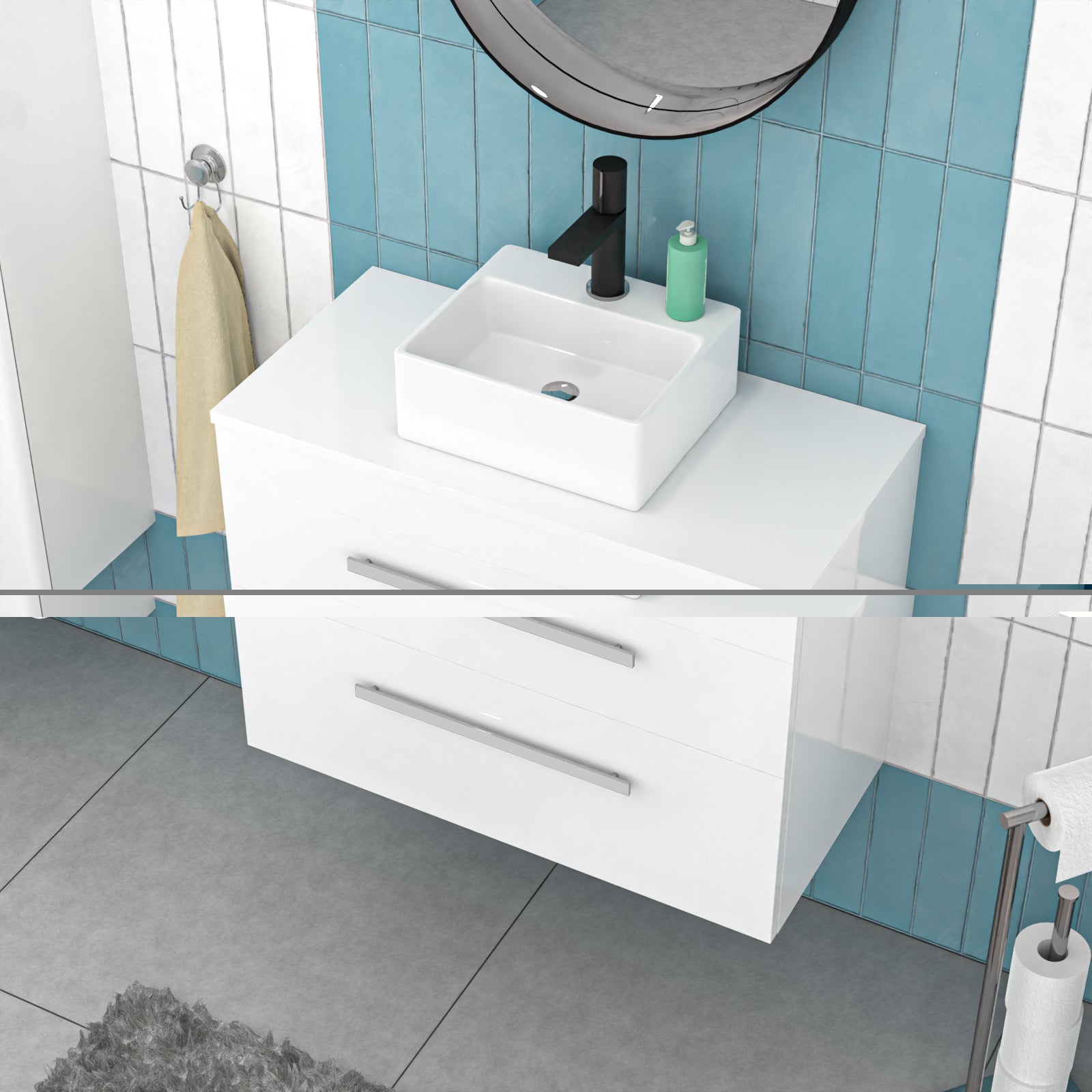 800mm Wall Hung Cabinet with Countertop Rectangular Basin and Worktop