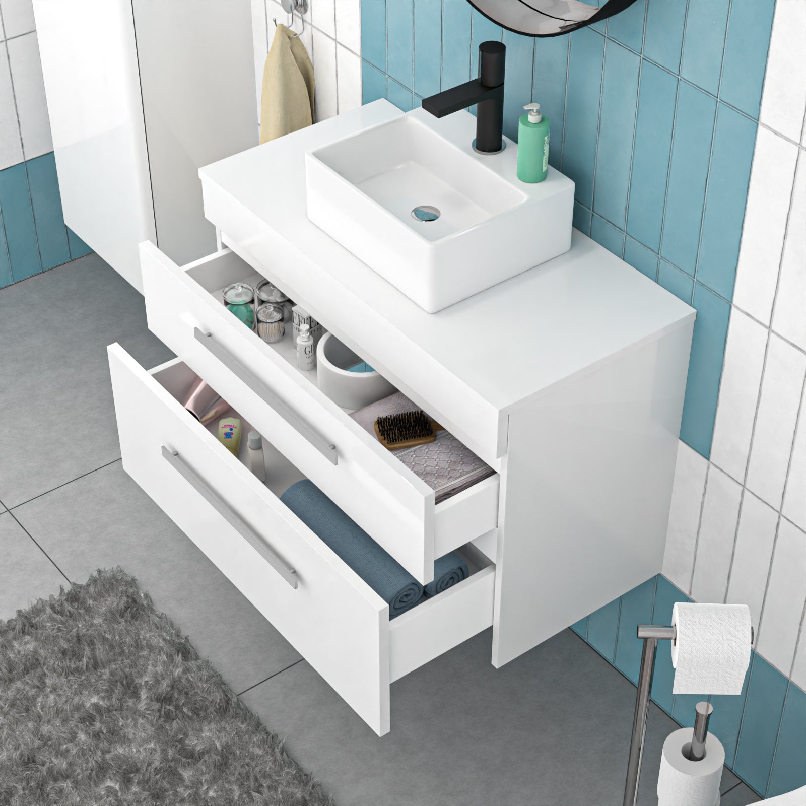 800mm Wall Hung Cabinet with Countertop Rectangular Basin and Worktop