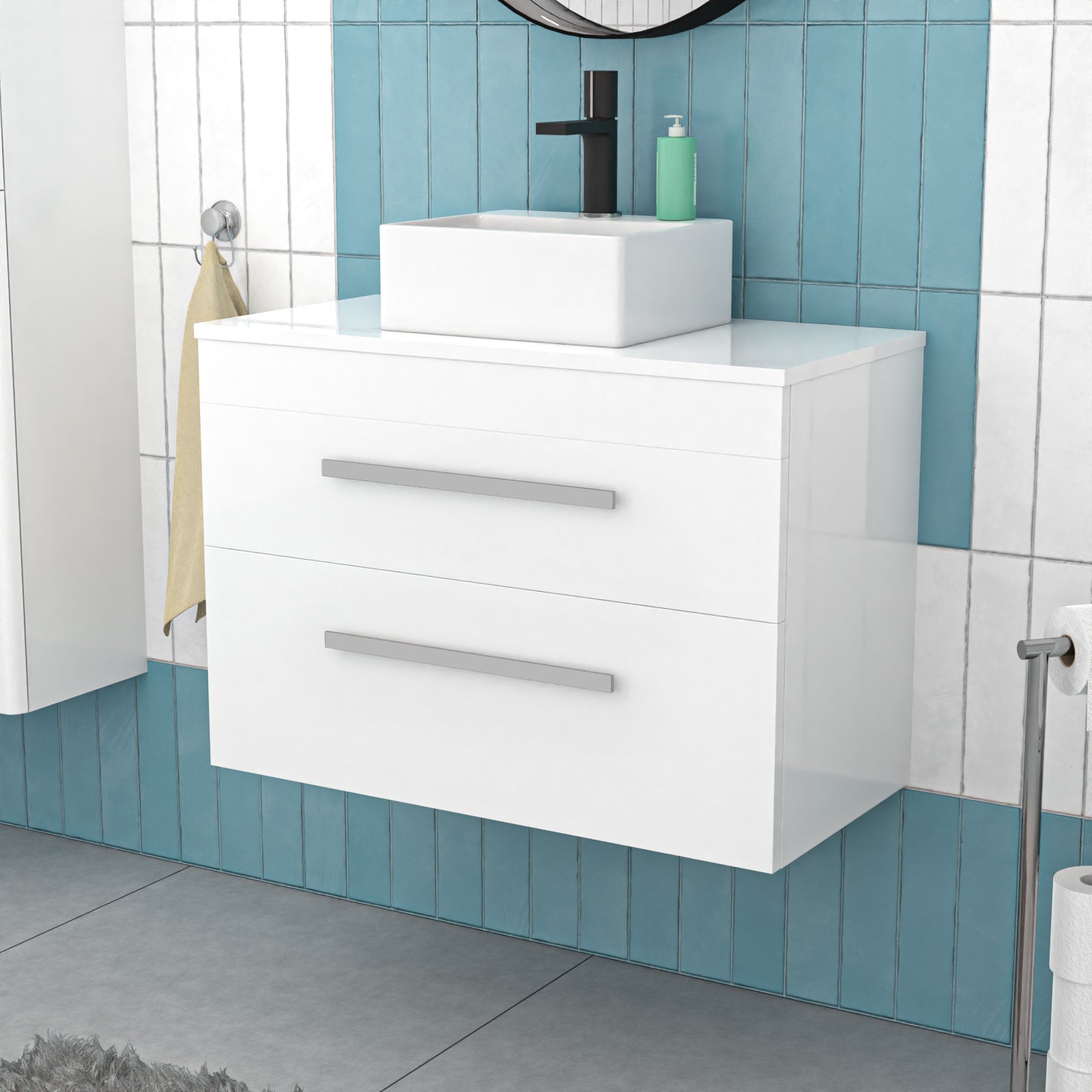 800mm Wall Hung Cabinet with Countertop Rectangular Basin and Worktop
