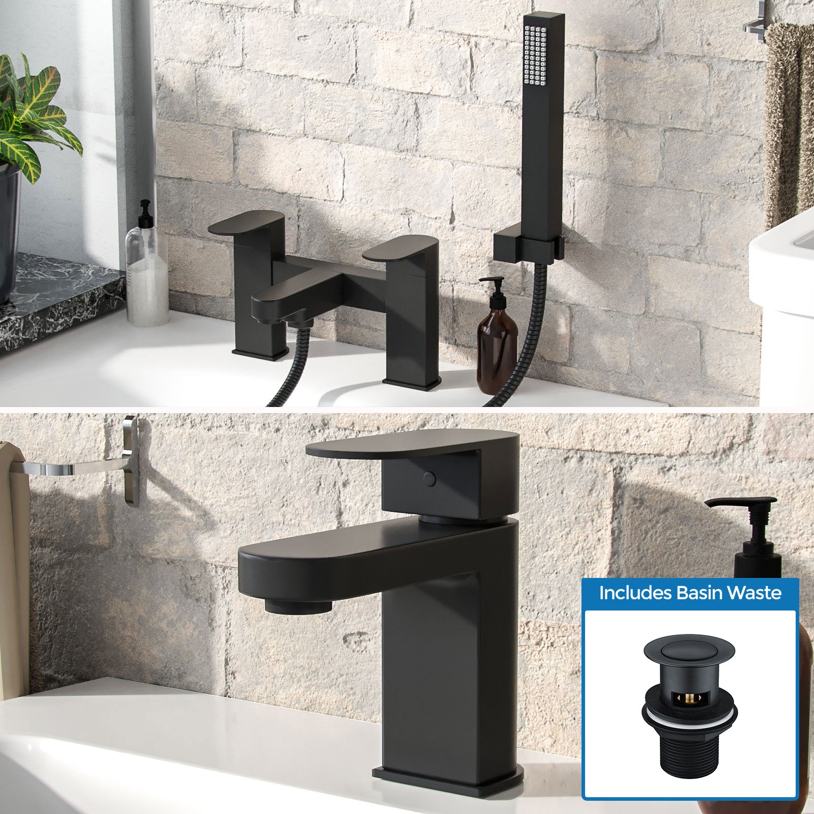 Eclipse Contemporary Basin Matte Black Single Lever Mixer Tap And Bath Shower Mixer With Handset Kit & Waste