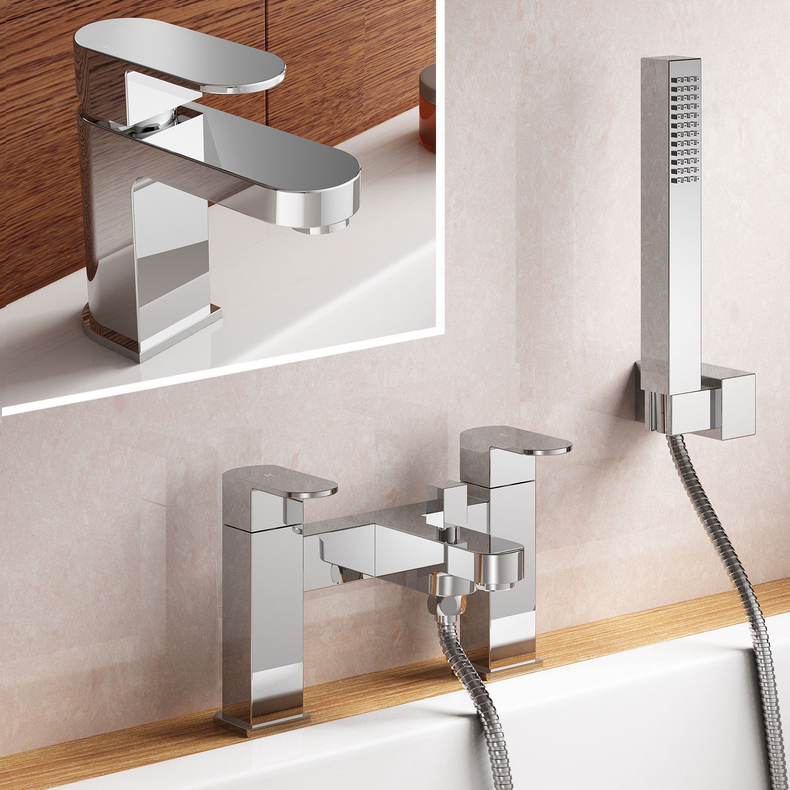 Eclipse Contemporary Design Set Of Chrome Bathroom Basin Single Lever Tap And Bath Shower Mixer With Handset Kit